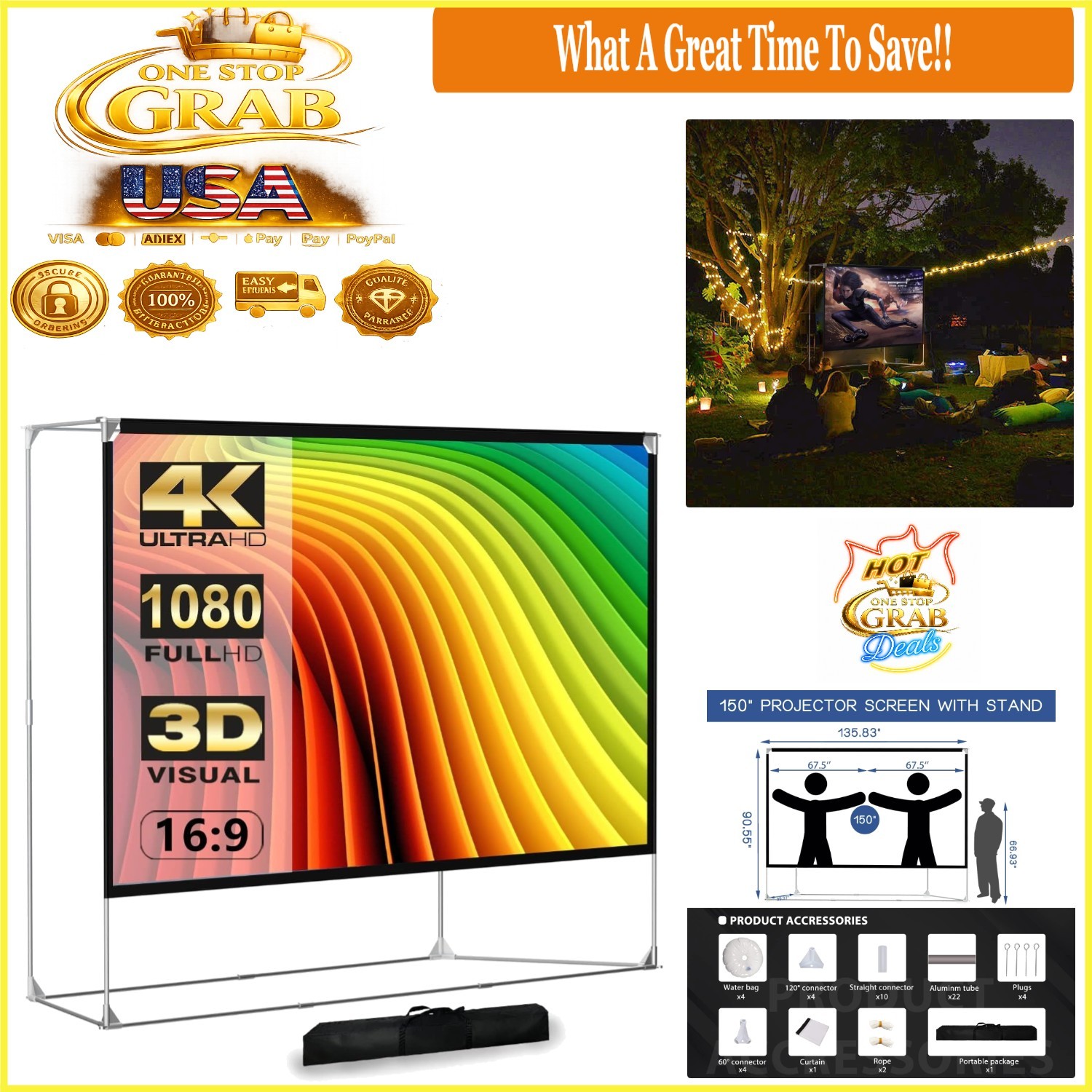 150-inch Outdoor Projector Screen with Stand HD 4K Portable Foldable