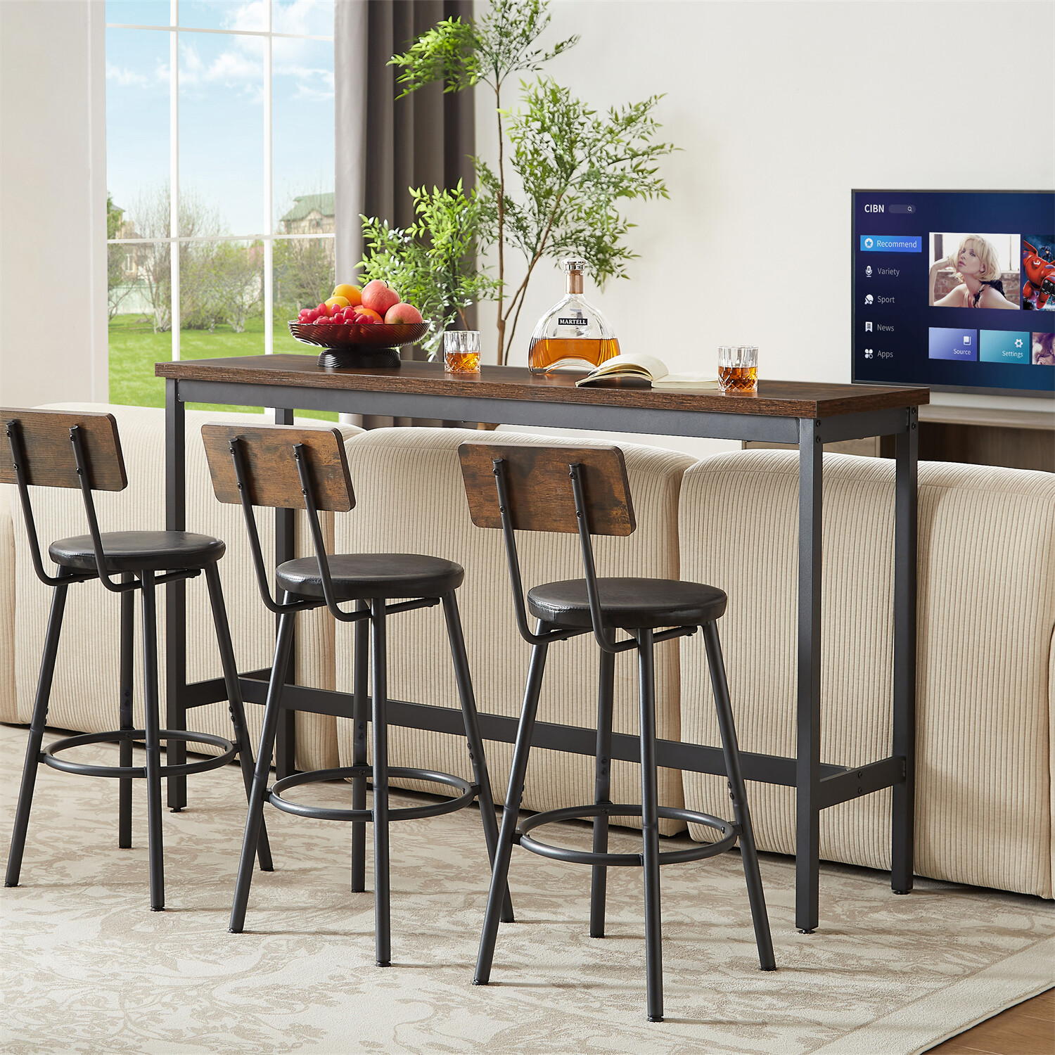 4 Piece Bar Table Set Counter Height Kitchen Pub Table w/ 3 Bar Stools Brown US