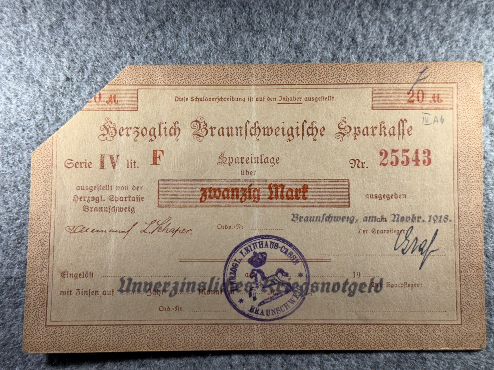 1918 Germany 20 Mark Federal state of Brunswick Notgeld SPC1342