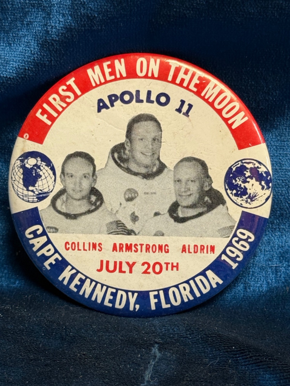U.S. First Man on The Moon Pinback Pin Epic Journey of Apollo 11  3 1/2"