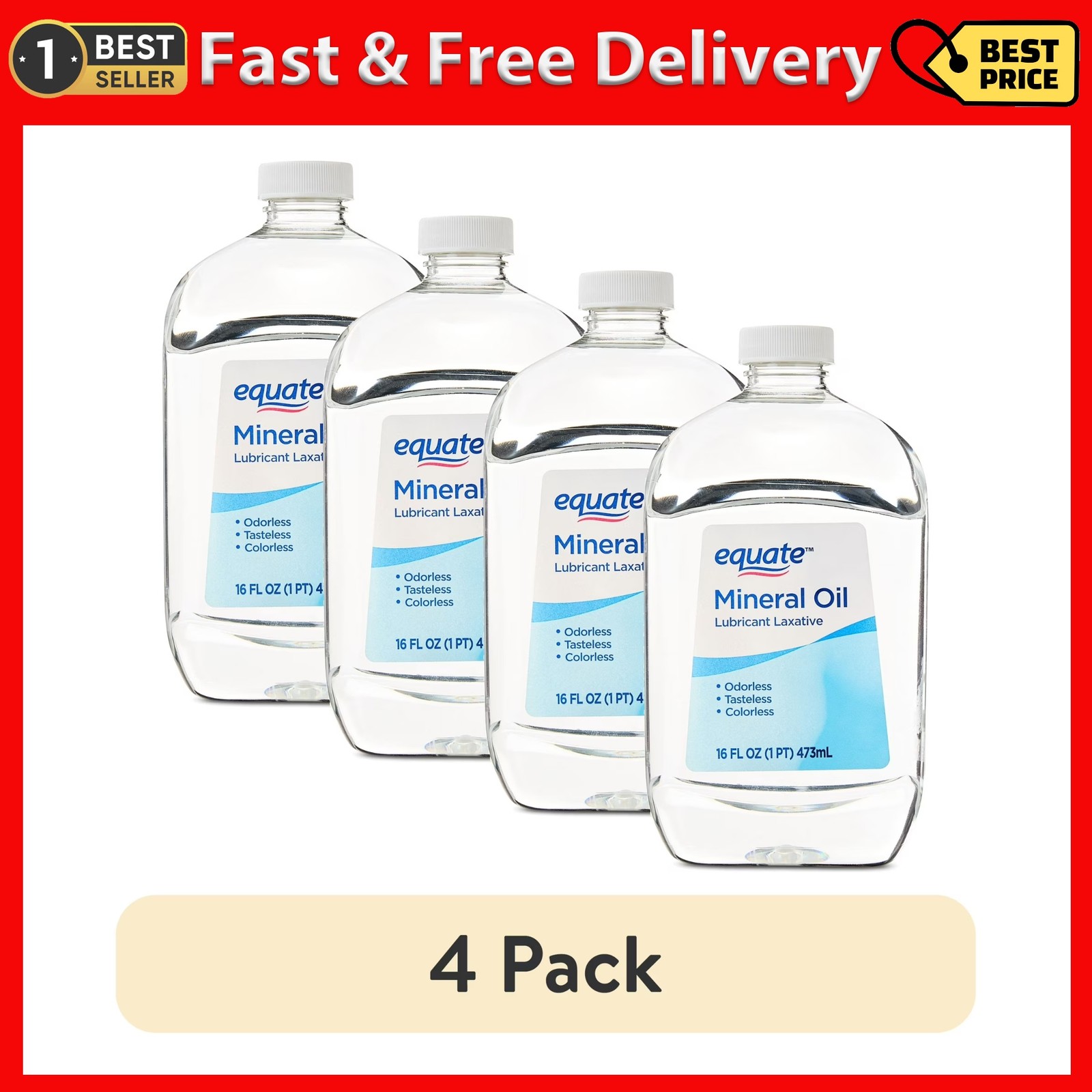 (4 pack) Equate Mineral Oil Lubricant Laxative Liquid for Constipation, 16 fl oz