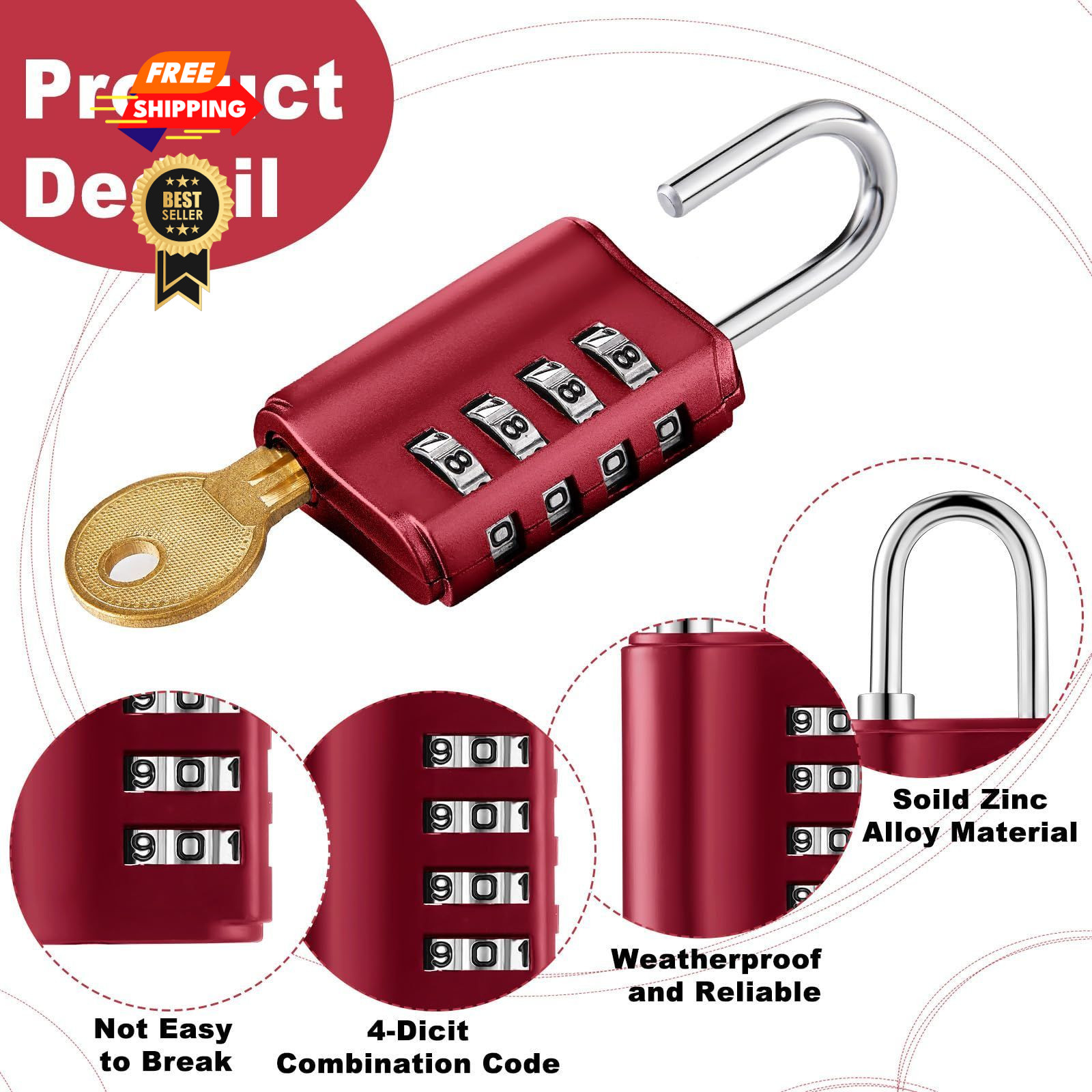 Kenning 10 Pcs Combination Padlock 4 Digit Lock with Keys Red