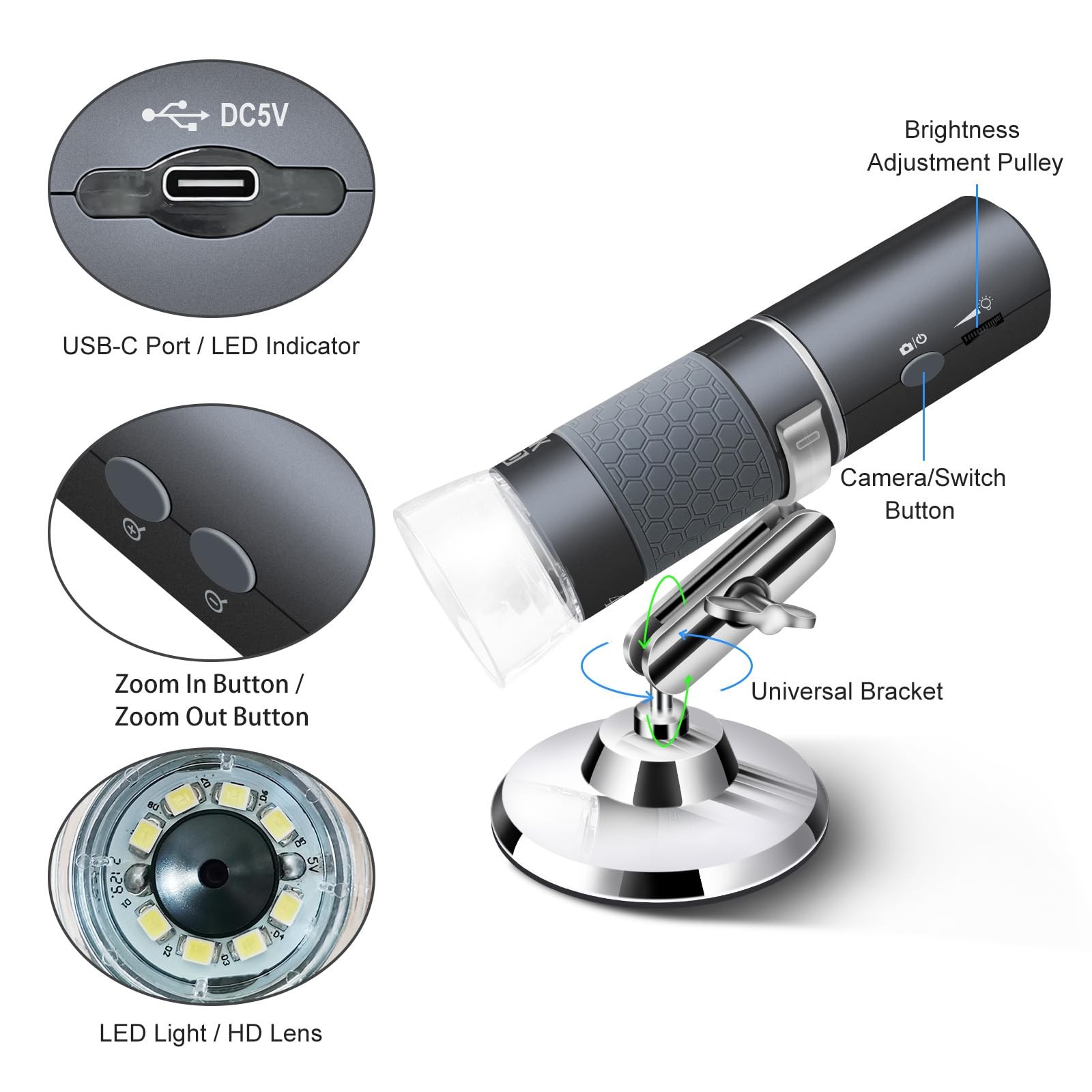 Ninyoon 4K WiFi Microscope for iPhone Android PC, 50-1000X USB Digital Grey