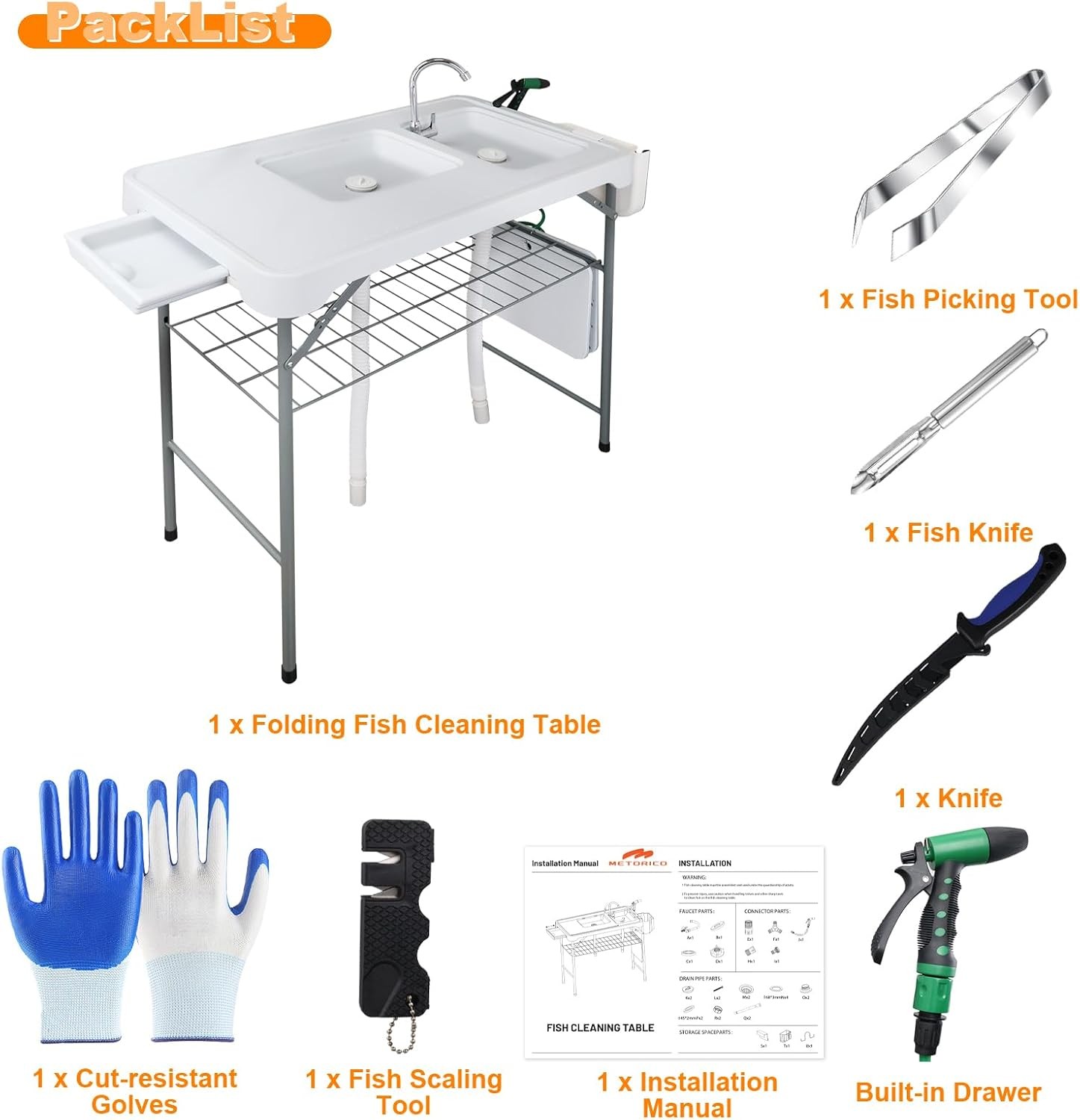 Fish Cleaning Table with 2 Sinks & Grid Rack - 42.5” Outdoor Fish Fillet Clean