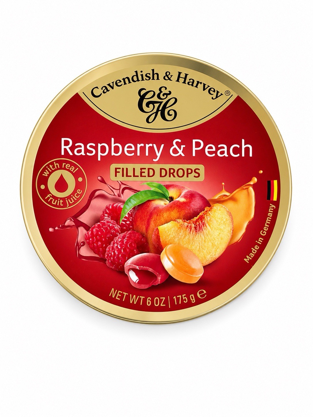 Cavendish & Harvey Raspberry Peach Filled Drops Hard Candy Tin 6 oz 175g