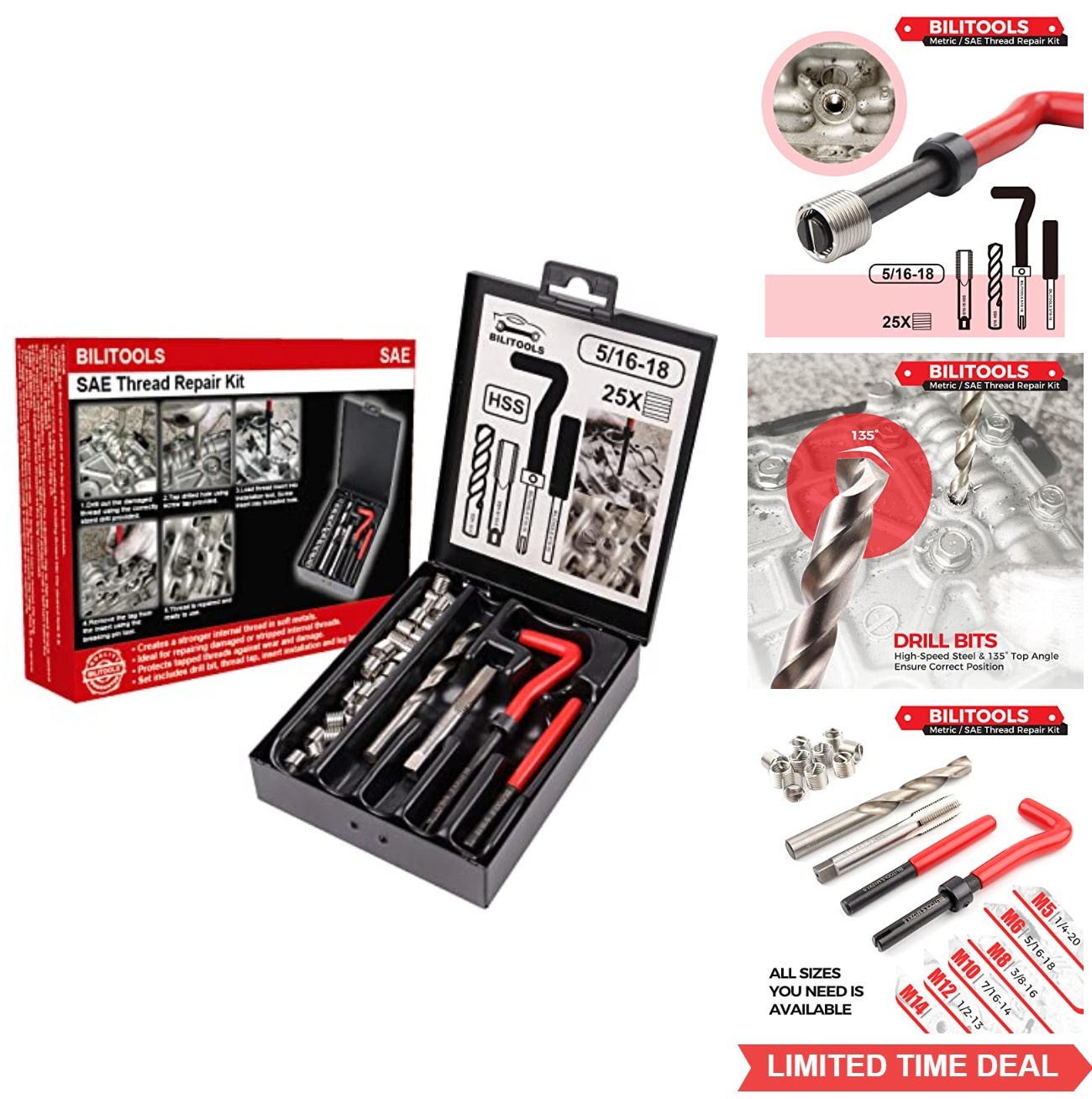 BILITOOLS 5/16-18 inch Thread Repair Kit, HSS Drill Helicoil Repair Kit SAE
