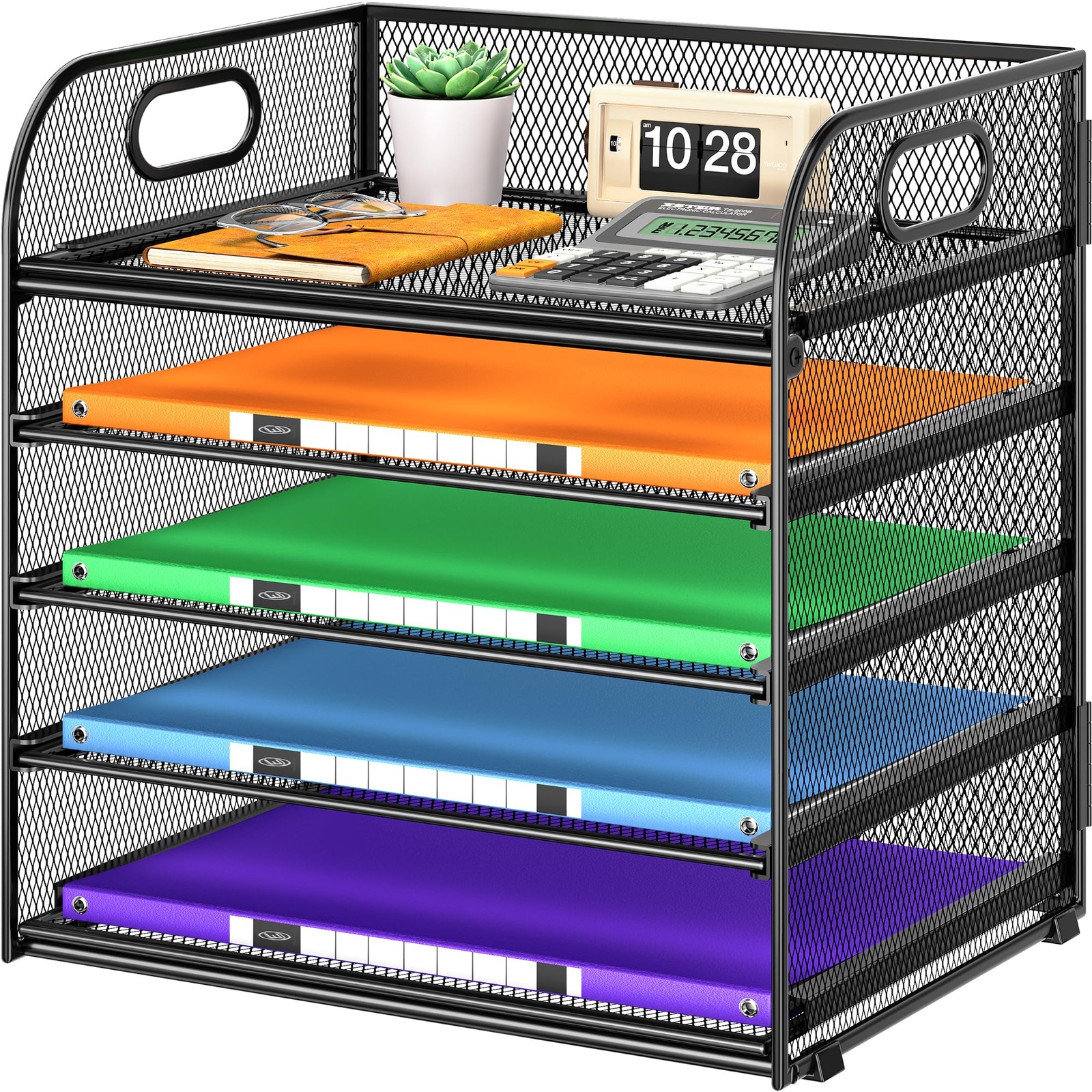 5 Tier Paper Organizer with Handle, Metal Mesh Desk Organizer File Folder Pap...