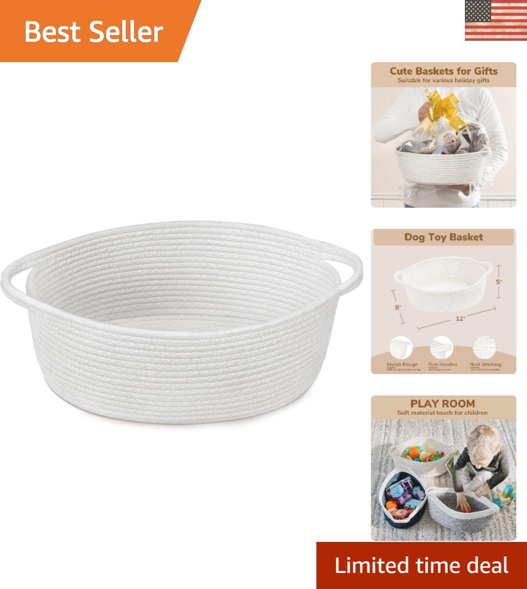 Multi-Functional White Woven Rope Basket 12"x8"x5" for Nursery & Living Rooms