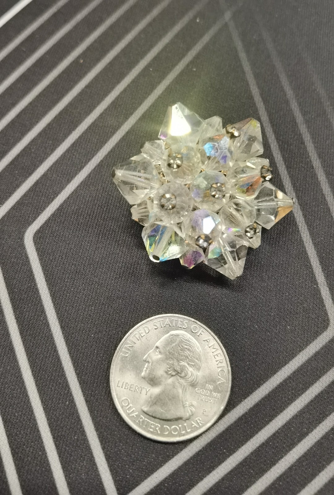 Vintage Aurora Borealis Cluster Pin Silver Tone Round Glam Bling Sparkle Holiday