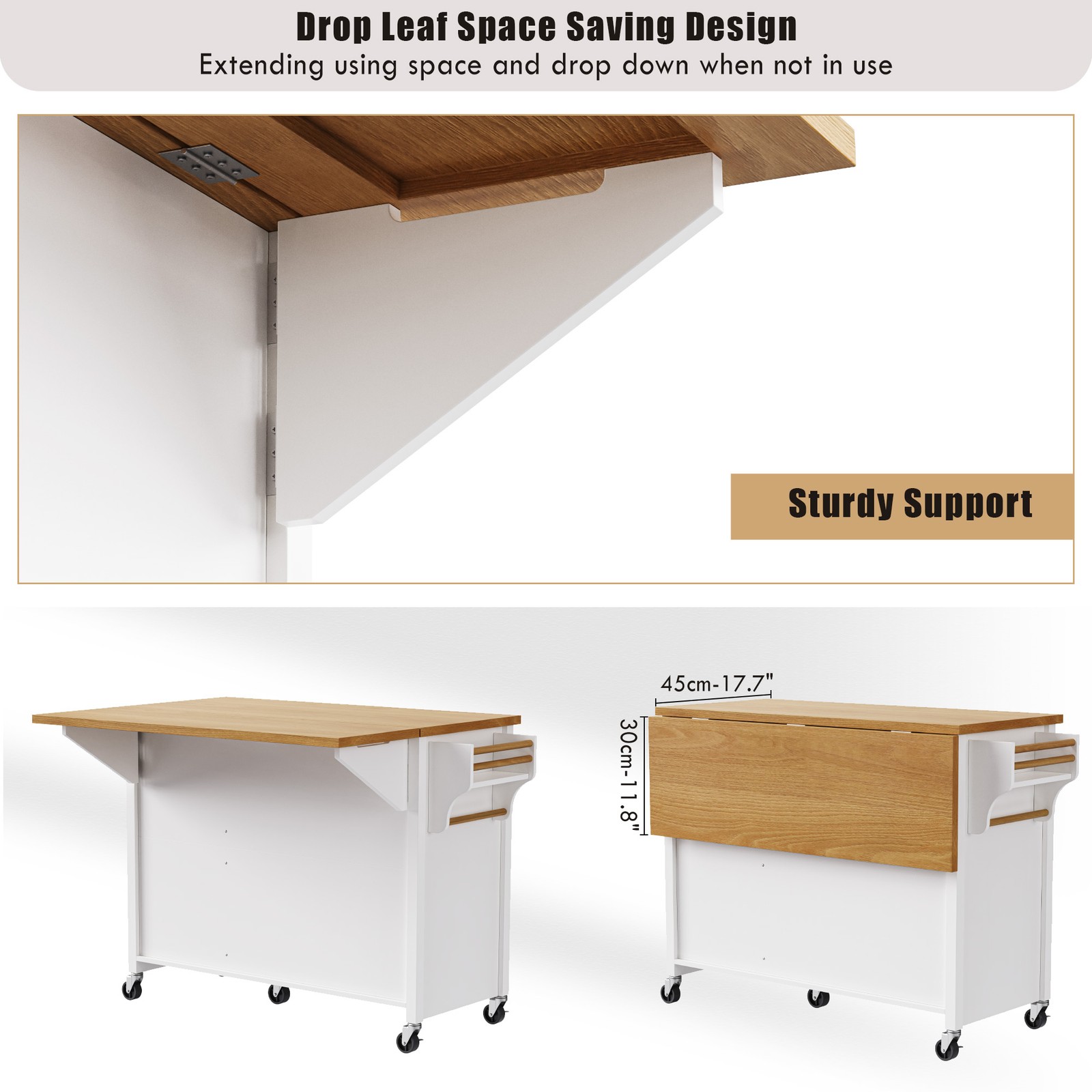 K&K 52'' Kitchen Island with Drop Leaf, Embossed Texture Kitchen Island on Whe