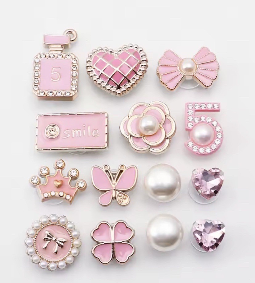 14pc. Women Pink Designer Style Luxury Bling Shoe Charms (Only Charms| No Shoes)