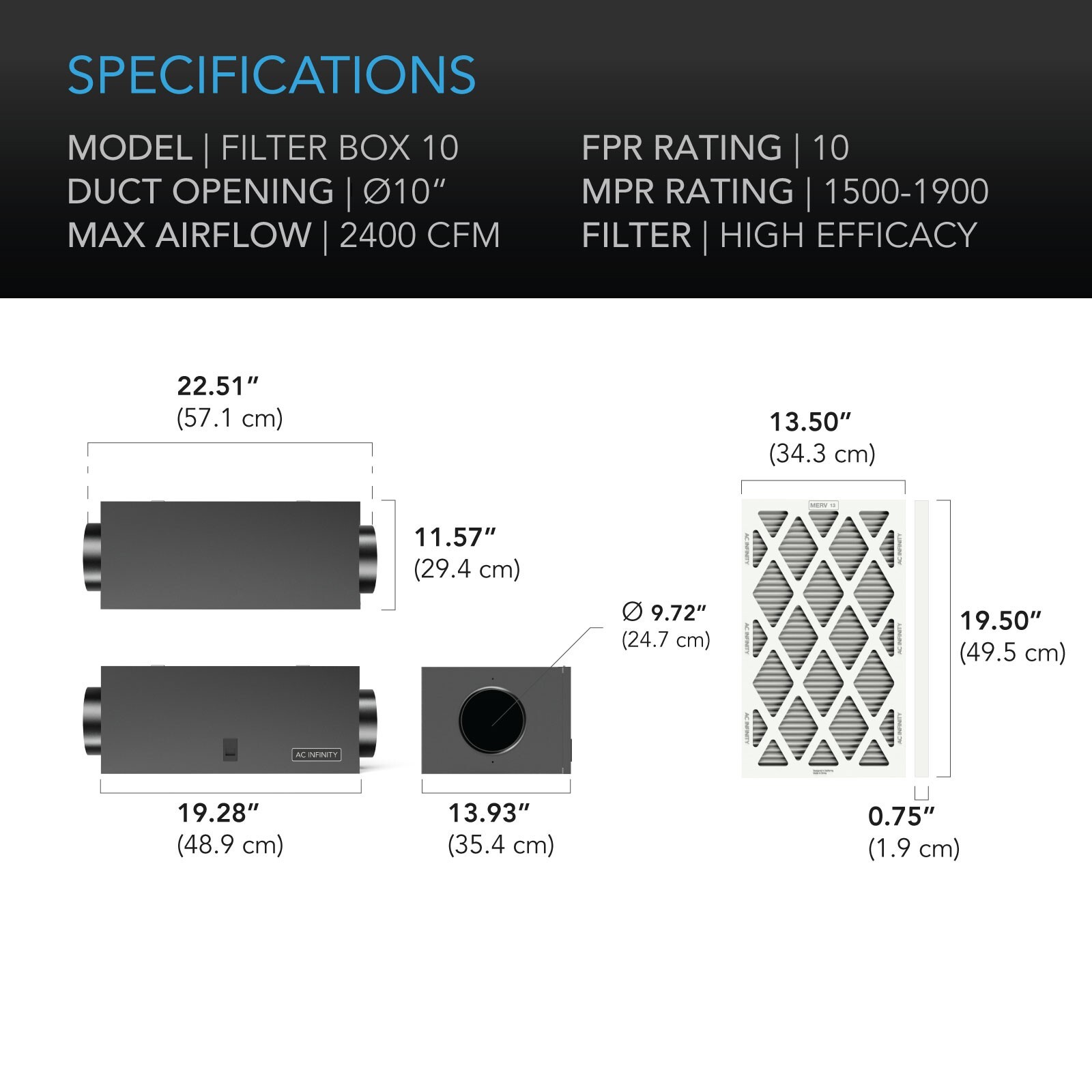 Inline Filter Box 10" with High Efficacy Filter, Home Filtration Intake for HVAC
