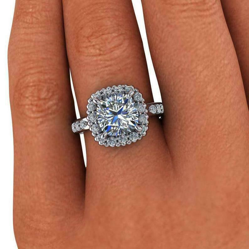 3.00Ct Cushion Cut Moissanite Halo Engagement Wedding Ring Solid 14K White Gold