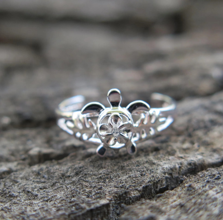Hawaiian Design Sterling 925K Silver Honu Turtle Plumeria CZ Gem Toe Ring TR1281