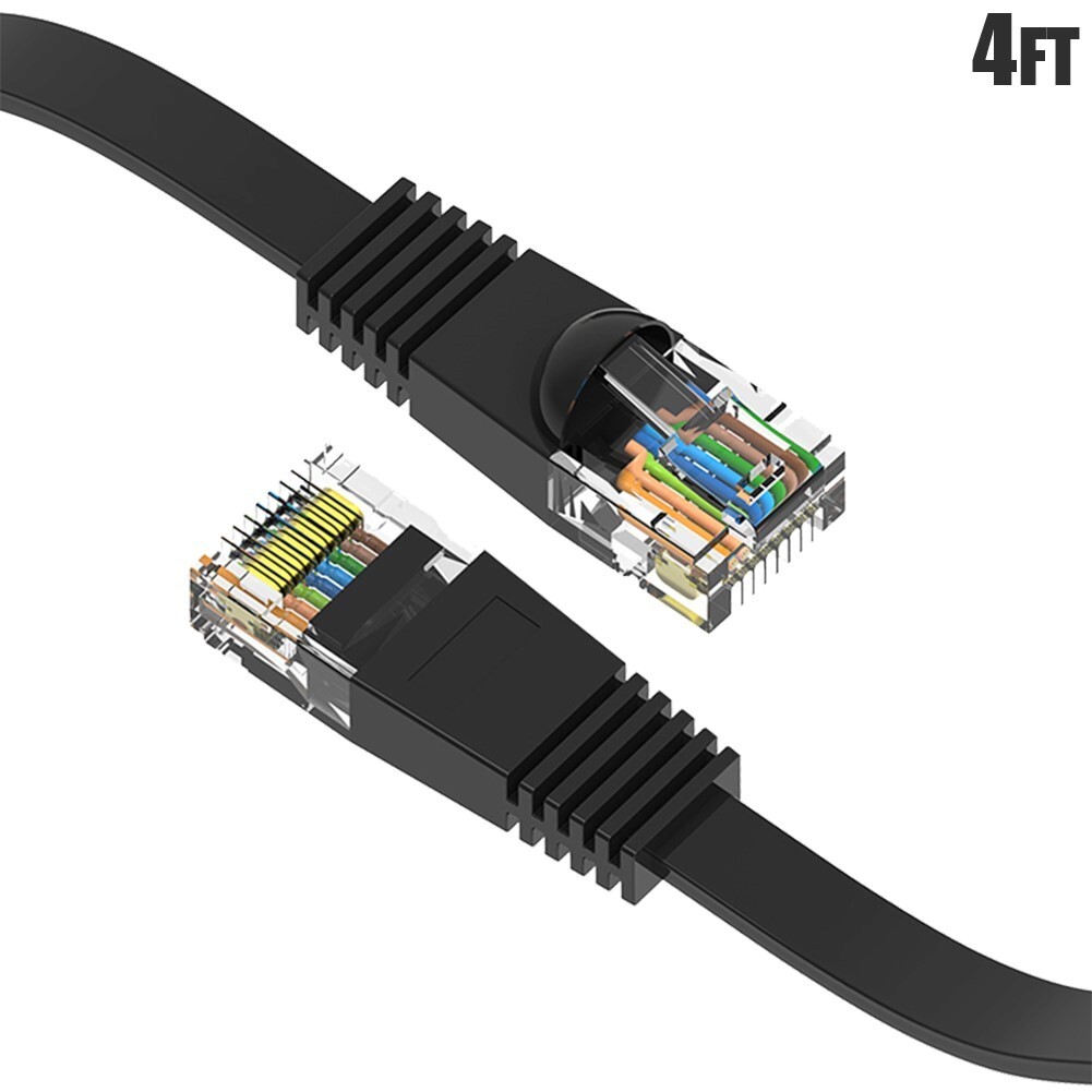 4FT Flat Cat6 RJ45 Network LAN Ethernet Patch Cable Slim Copper Wire 32AWG Black