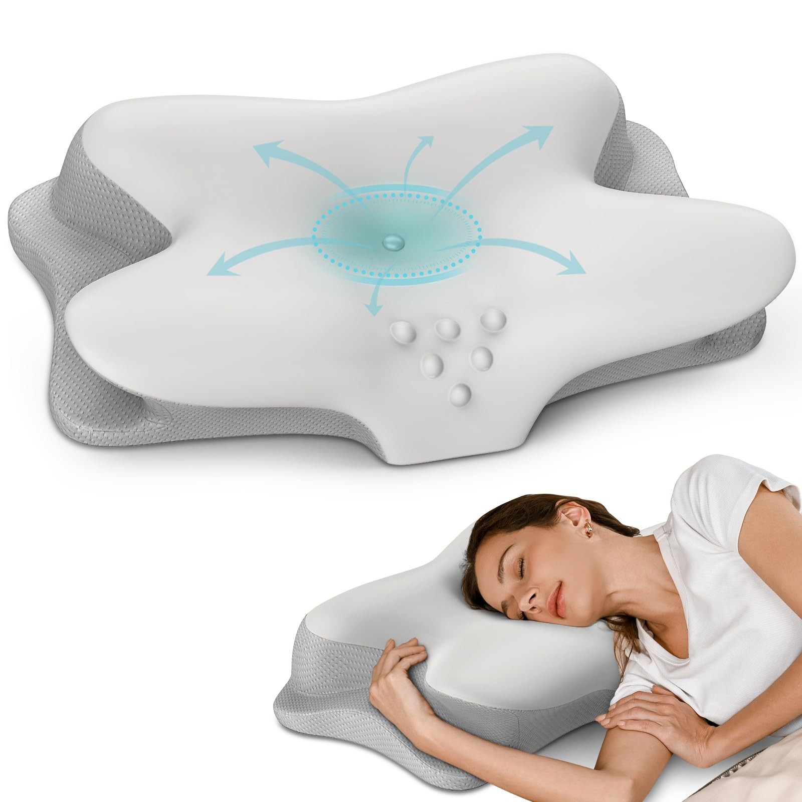 Ergonomic Neck Pillow, Memory Foam Contour, Pain Relief For Sleepers, Grey