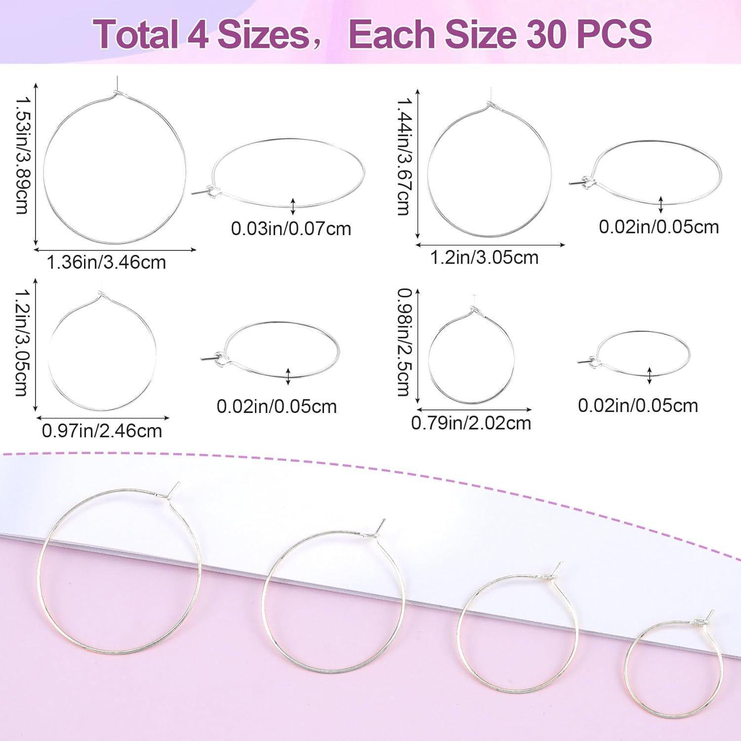 120PCS Earring Hoops, Beading, 4 Sizes, Silver Plated, Open, Round, for DIY Jewe