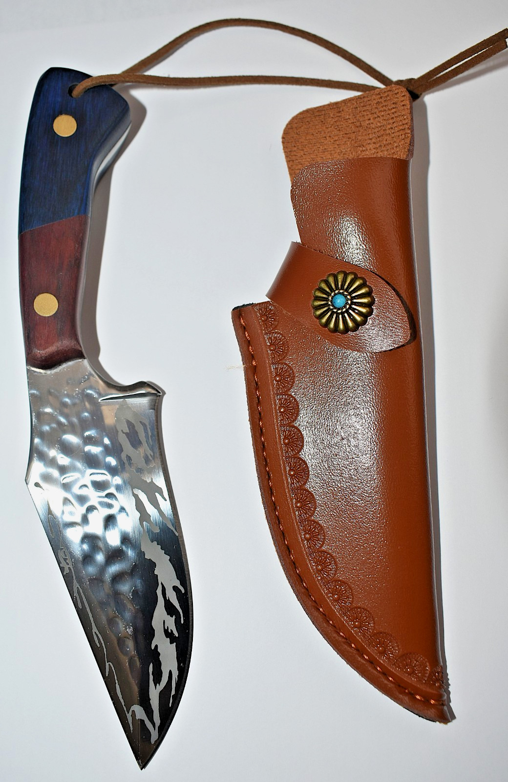 HAND FORGED ARTISAN DAMASCUS FIXED BLADE KNIFE with TOOLED SHEATH