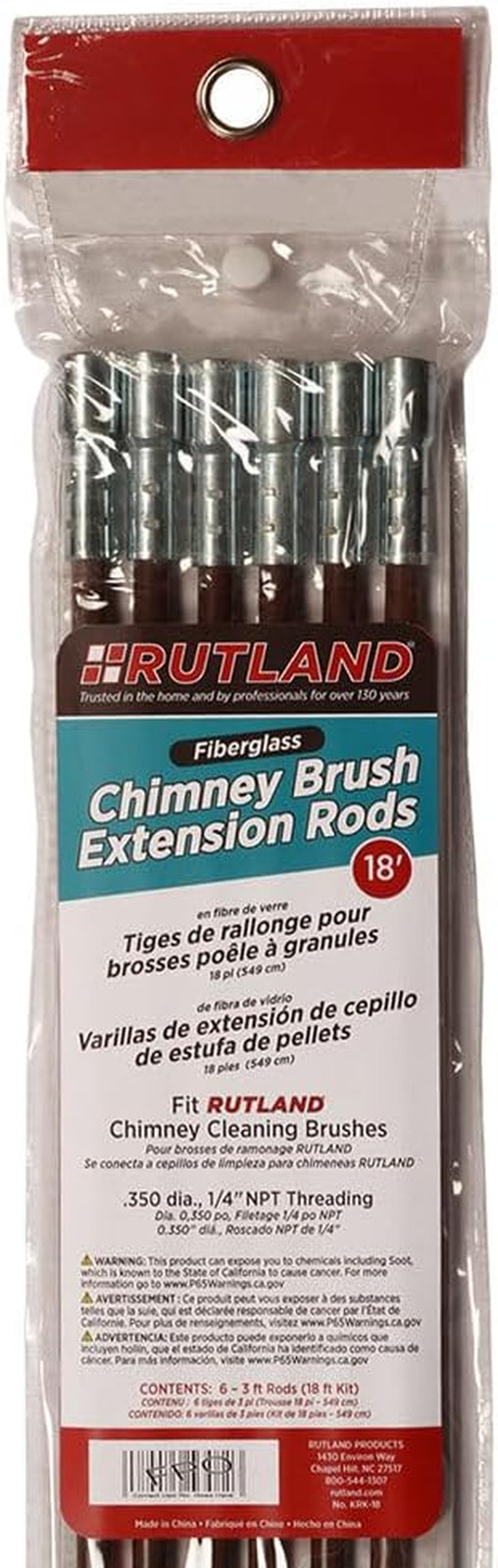 Rutland KRK18 Fiberglass Chimney Brush Rod Kit Pack Of 6 3 Feet