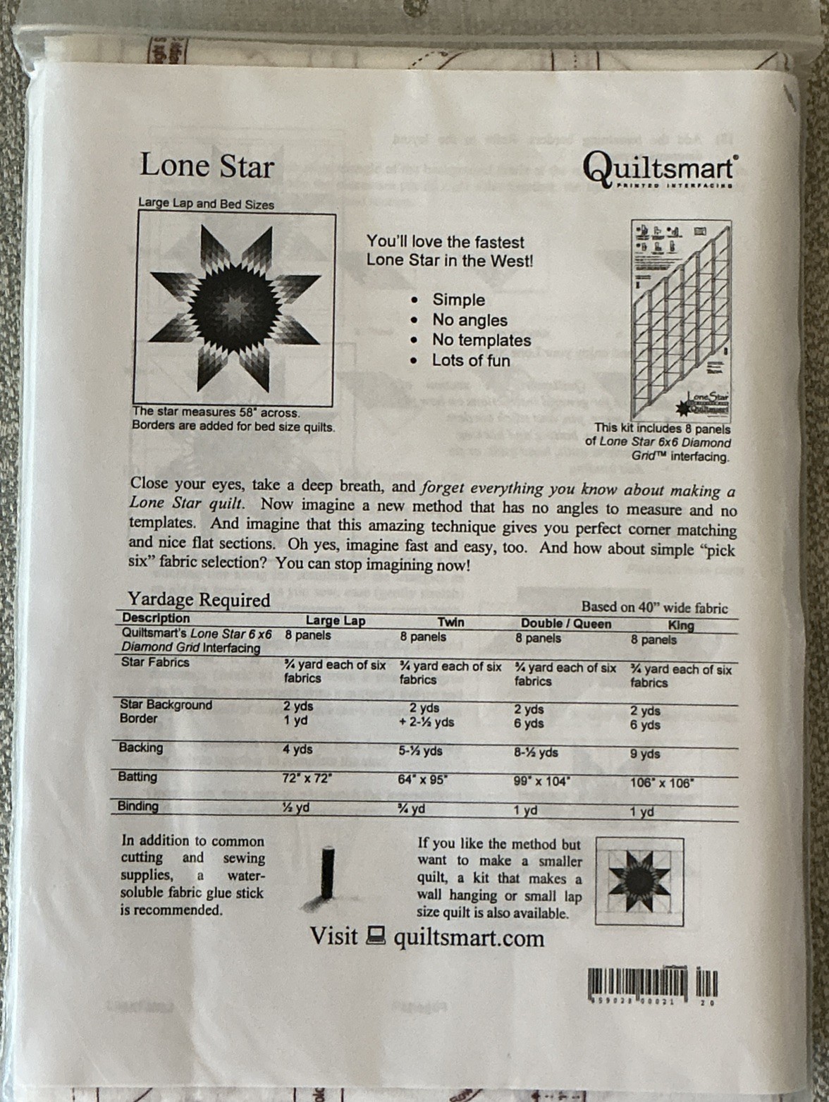 QuiltSmart Printed Interfacing Pack Lone Star Diamond Grid 58" NEW