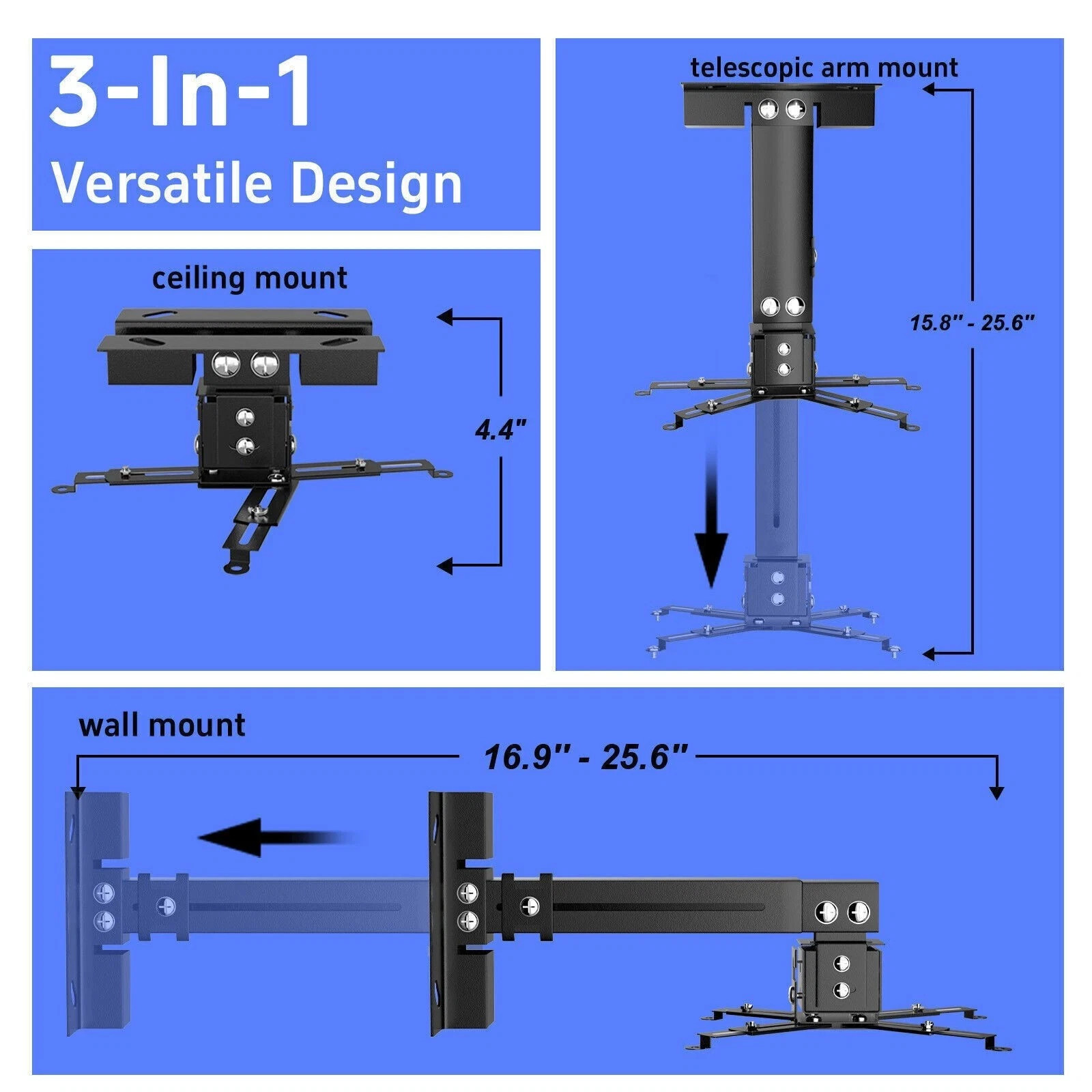 Projector Mount Ceiling/Wall - Universal 3-in-1 Bracket with Extension Pole