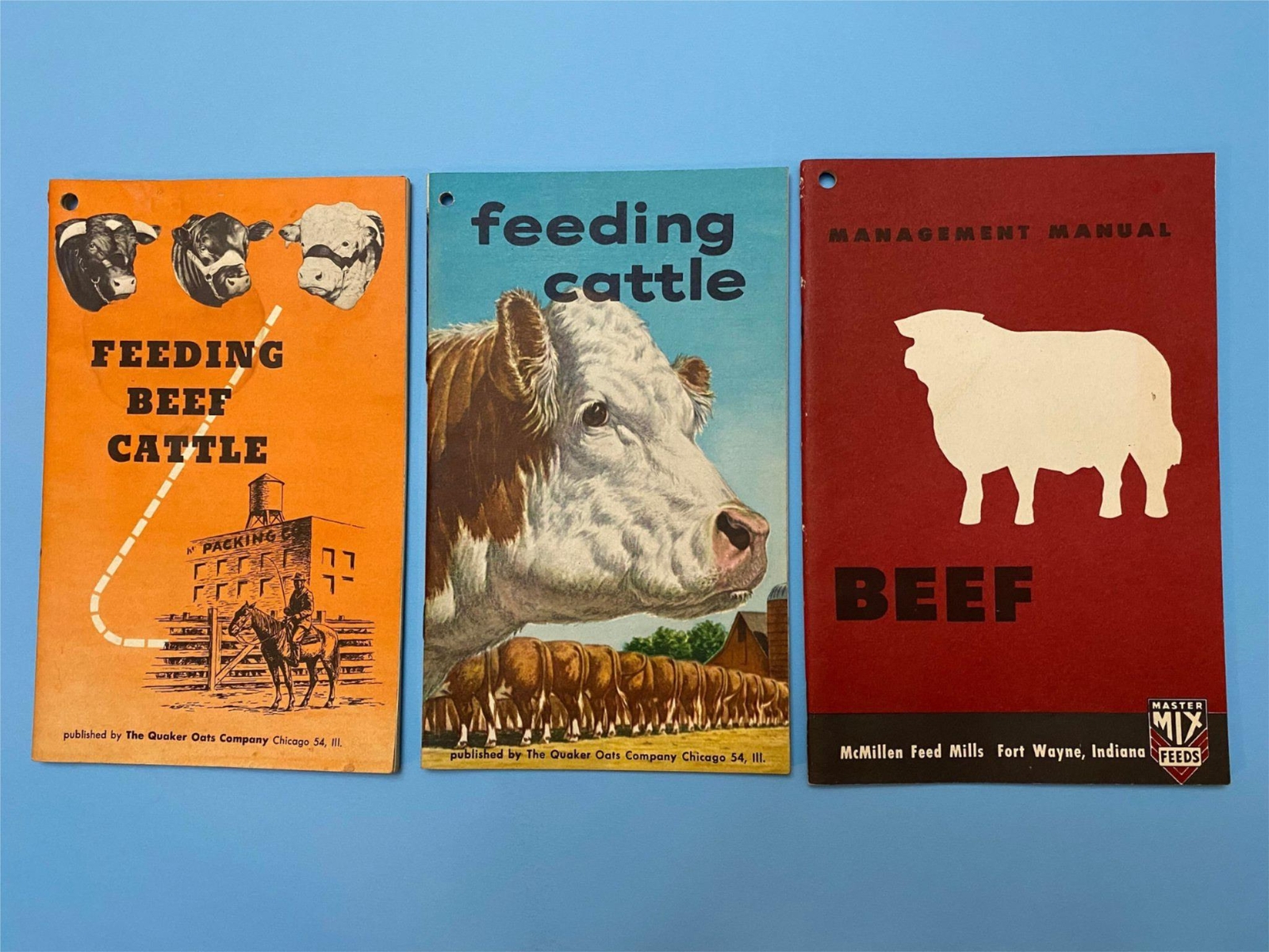 3x FEEDING BEEF CATTLE Booklet 1953 & 1956 Quaker Oats ~ 1955 Master Mix Feeds