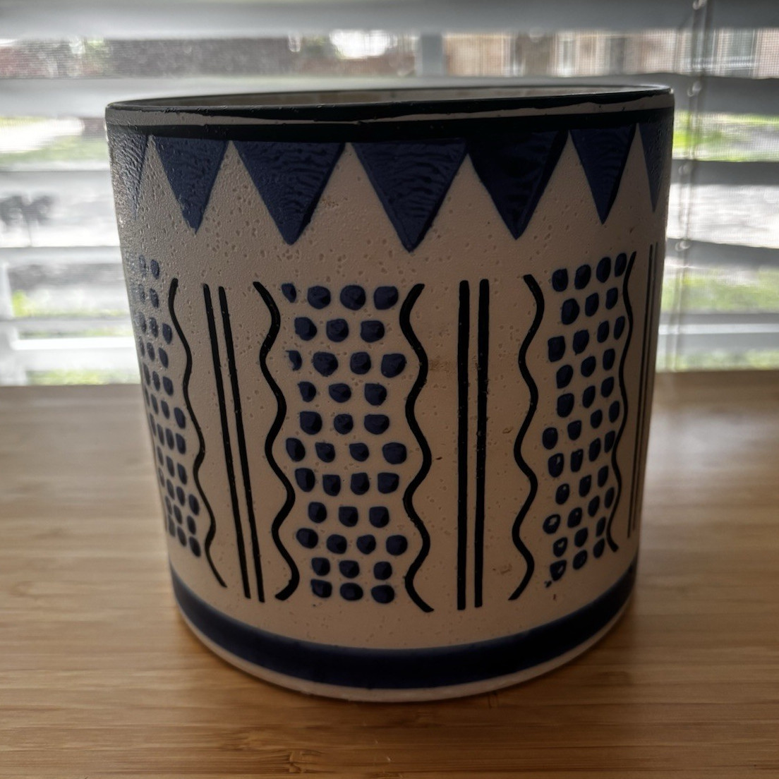 Blue & White Geometric Ceramic Planter Pot, Round 6 in, Modern Glazed Decor