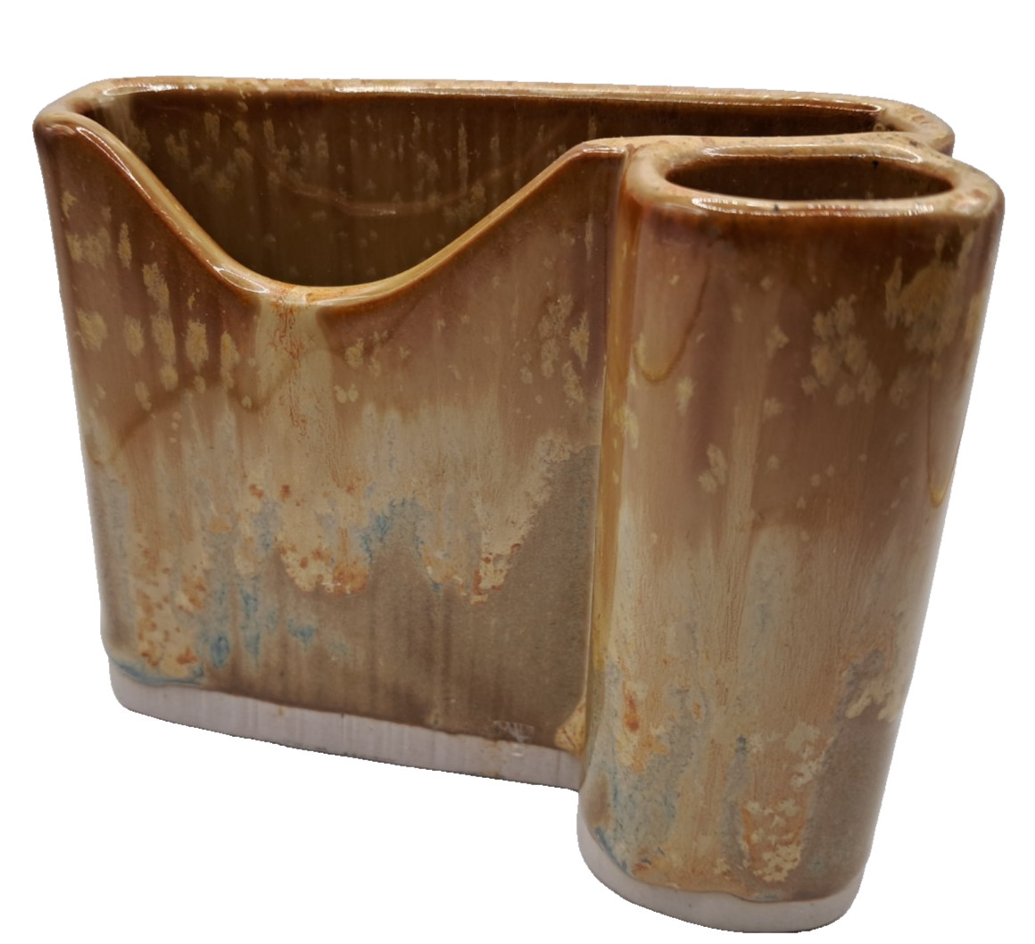 Studio Art  Pottery Notepad & Pen Holder Brown Tan Drip Glaze  Signed Bay
