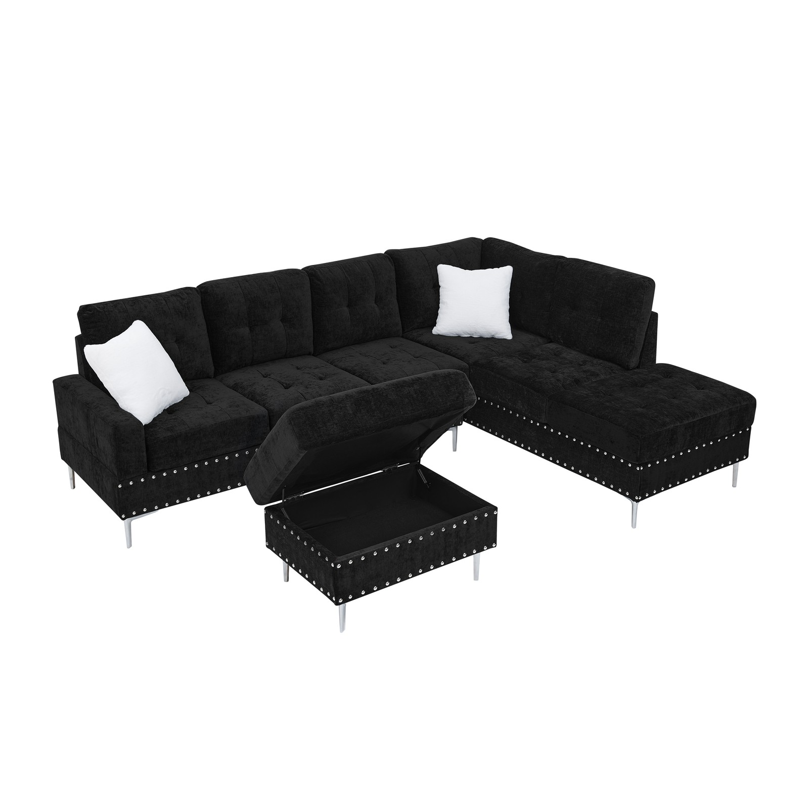 Sectional 3-Seaters Sofa with Chaise, Storage Ottoman, Metal Legs and Copper Na