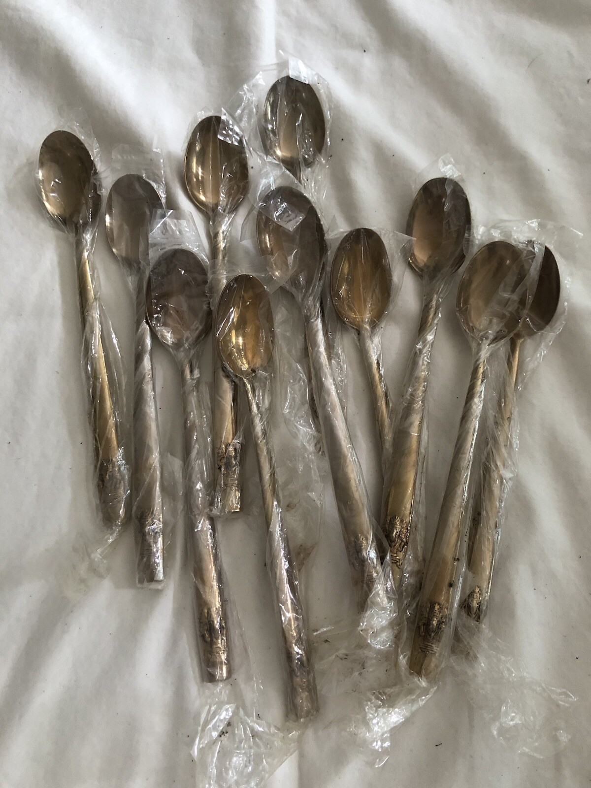 12 Bronze TRIPLE ELEPHANT HEAD Iced Tea Spoons NOS Thailand
