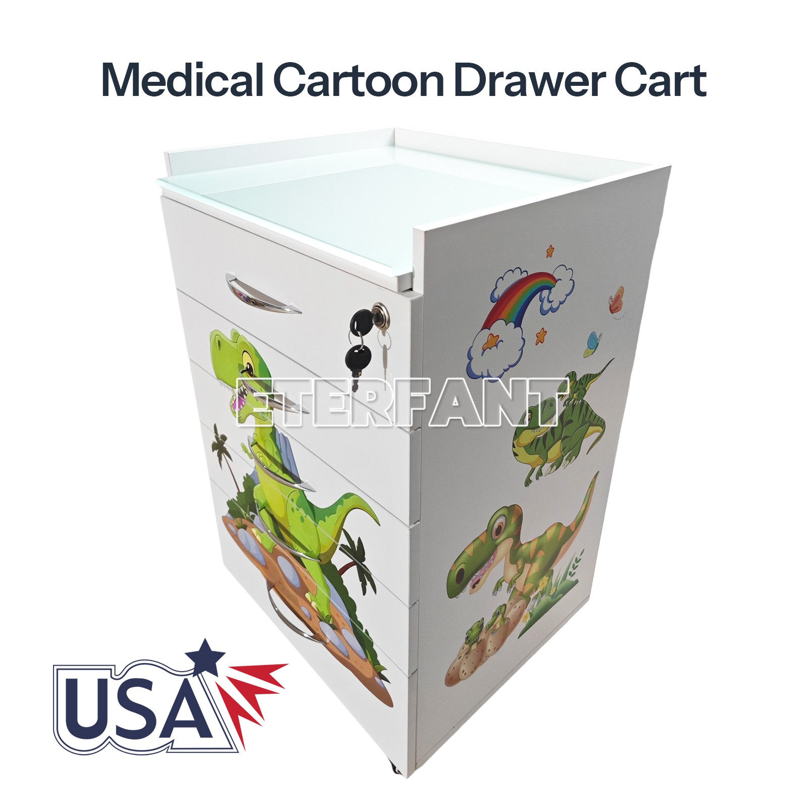 5 Drawers Dental Cartoon Trolley Acrylic Mobile Wooden Cabinet Rolling Cart US