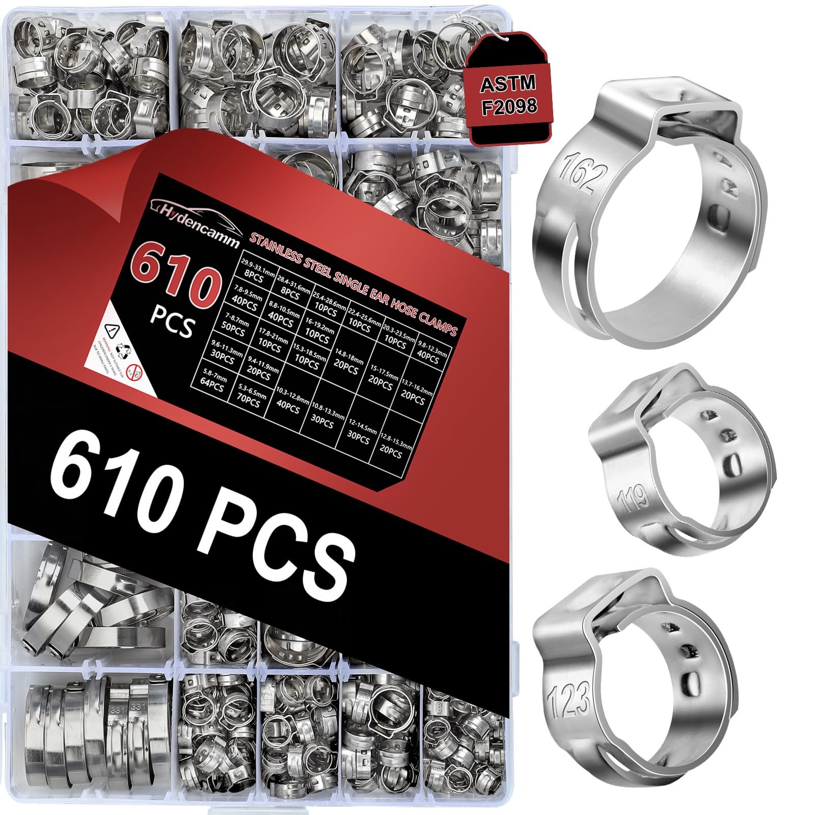 Hydencamm 610PCS 23 Sizes Single Ear Hose Clamps, 5.333.1mm 304 Stainless Ste...