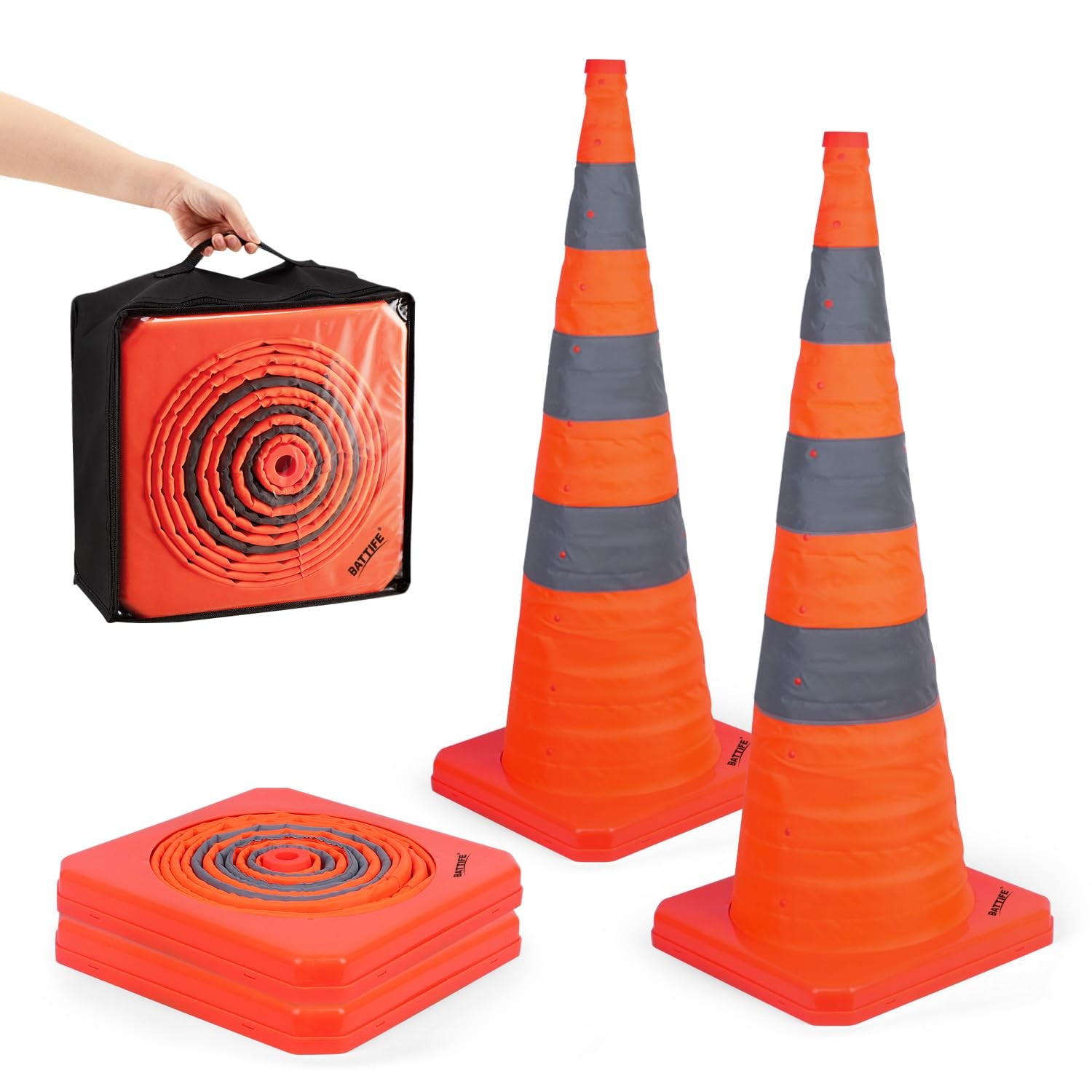 BATTIFE [2 Pack] 36 Inch Collapsible Traffic Safety Cones, Orange Cones, Multi P