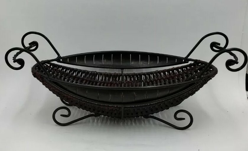 Vintage Brown Wicker & Metal Sleigh Basket w/ Handles & Feet