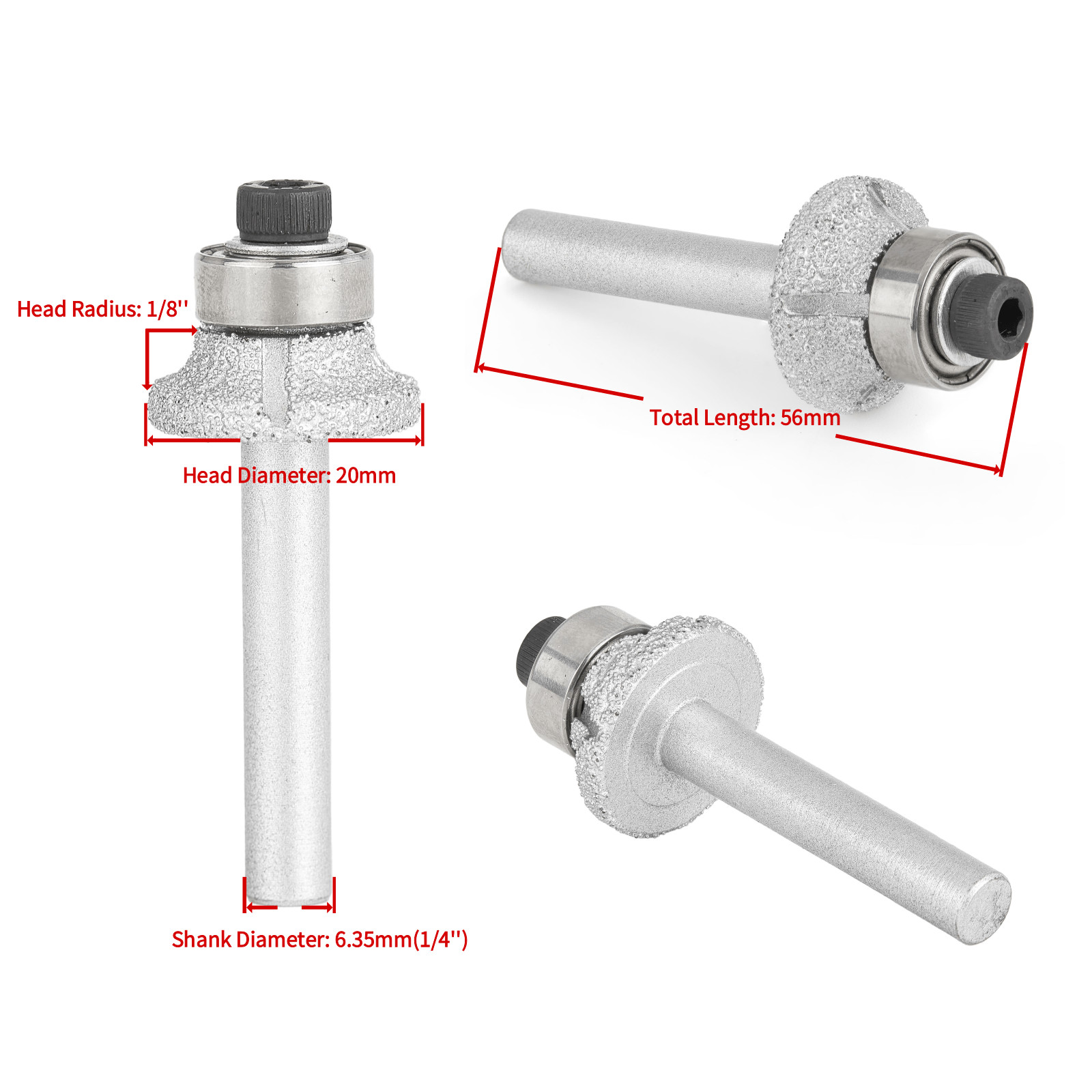 Brazed Diamond Router Bit Radius 3mm 1/8" Grit 60 Tools For Stone 1/4" Shank