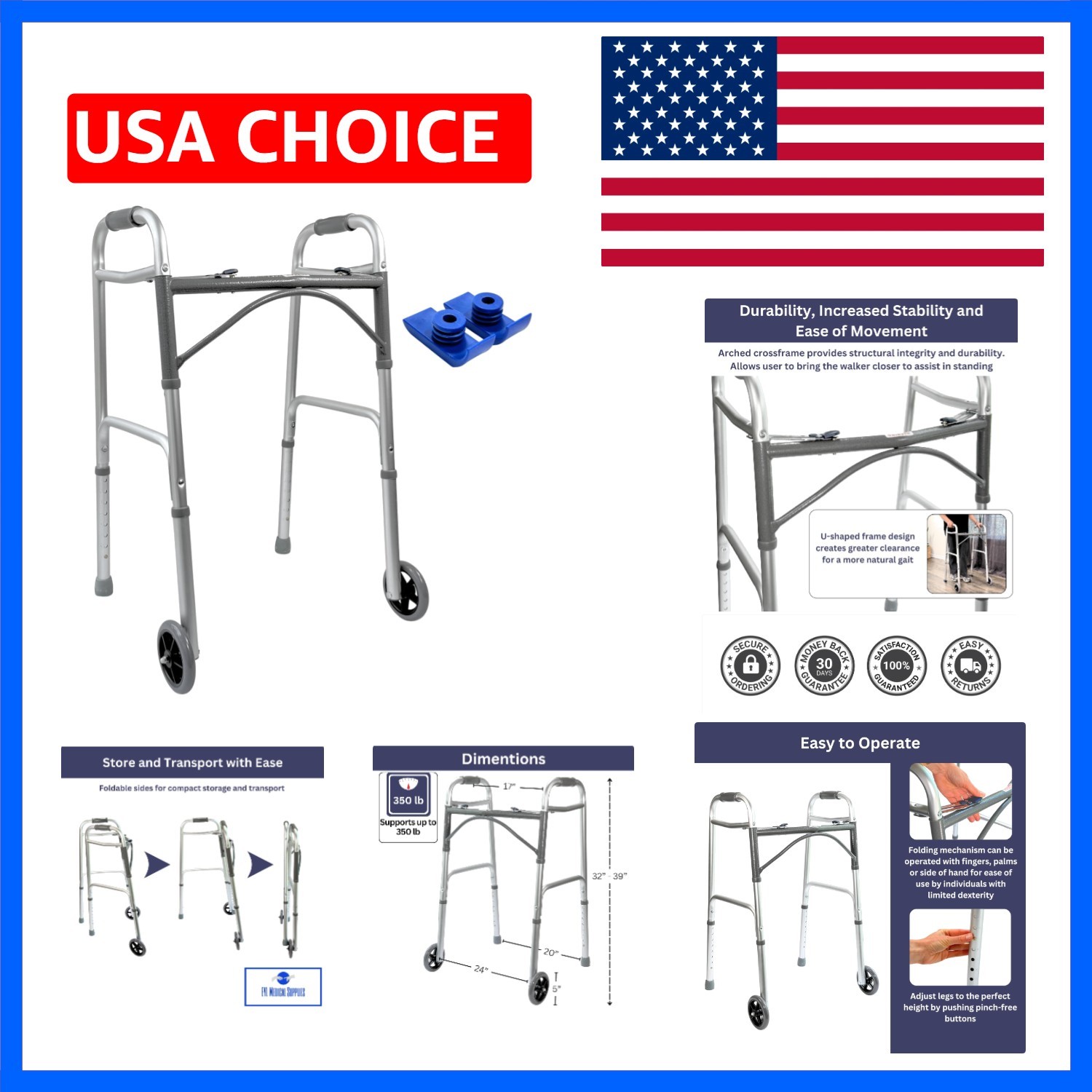 Two Button Walker with 5” Wheels - Lightweight Folding Drive Walker for Senio...