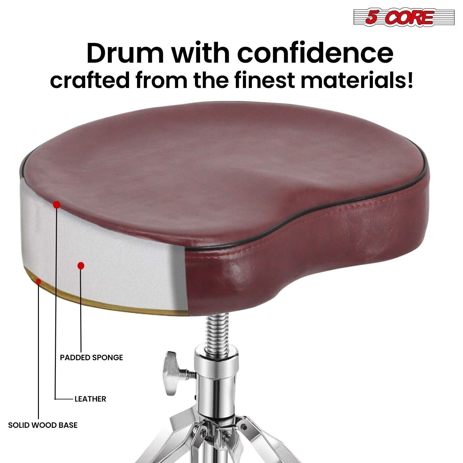 5 Core Drum Throne 4" Padded Ergonomic 441Lb Capacity Height Adjustable Chair