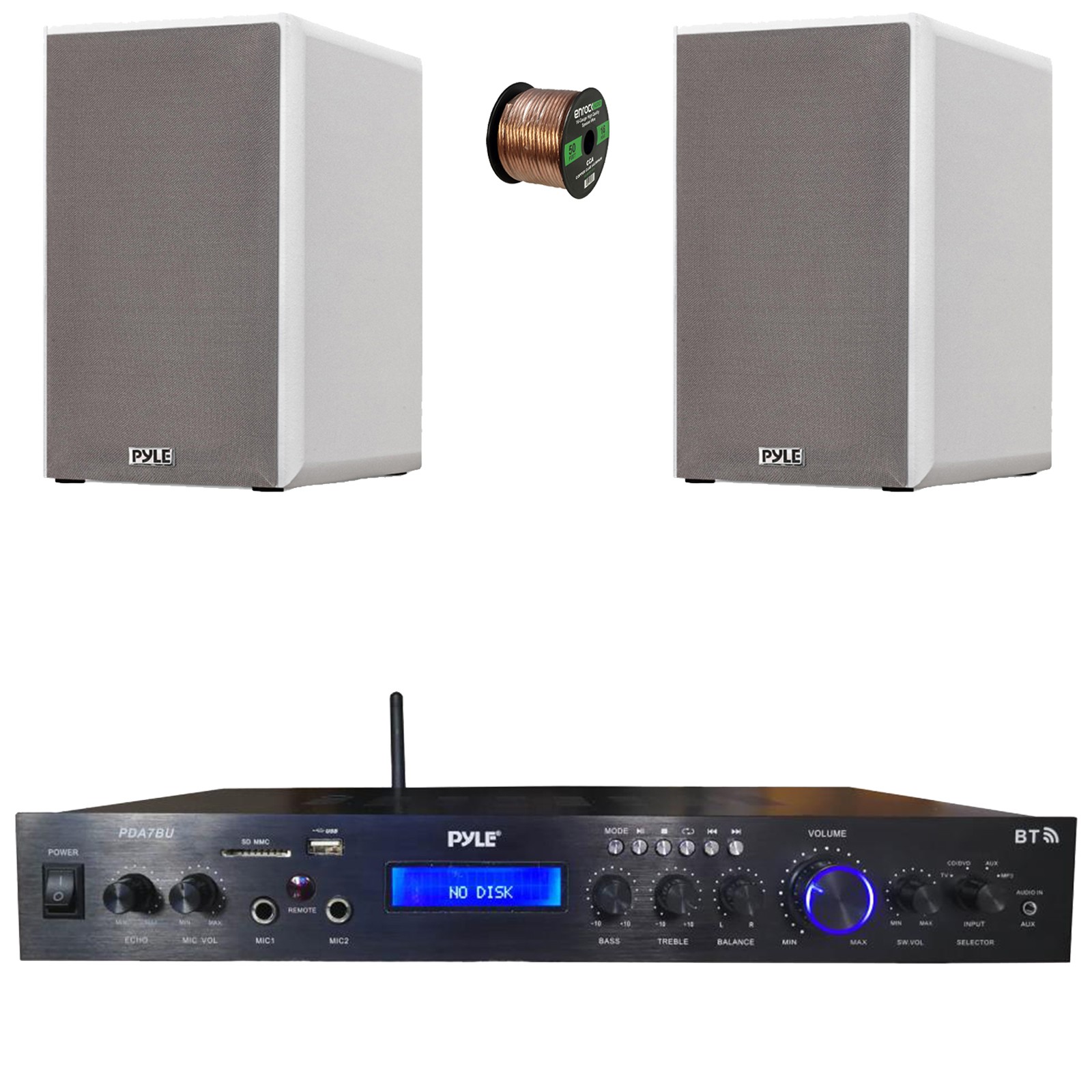 Pyle PDA7BU Bluetooth Stereo Receiver, 2x 6.5” HiFi Stereo White Speakers, Wire