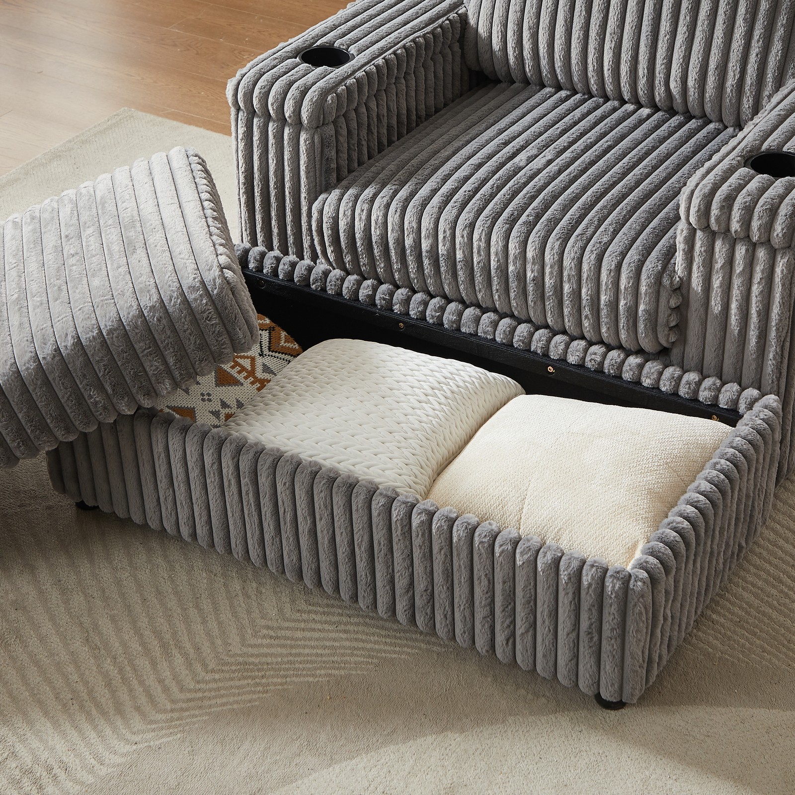 42.5-inch corduroy single recliner with backrest pillow, cup holder design, sto