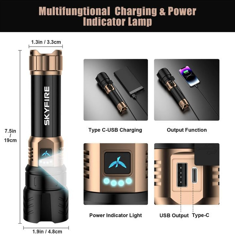 SKYFIRE 1500000LM LED Flashlight Rechargeable Zoom Fire Starter Waterproof