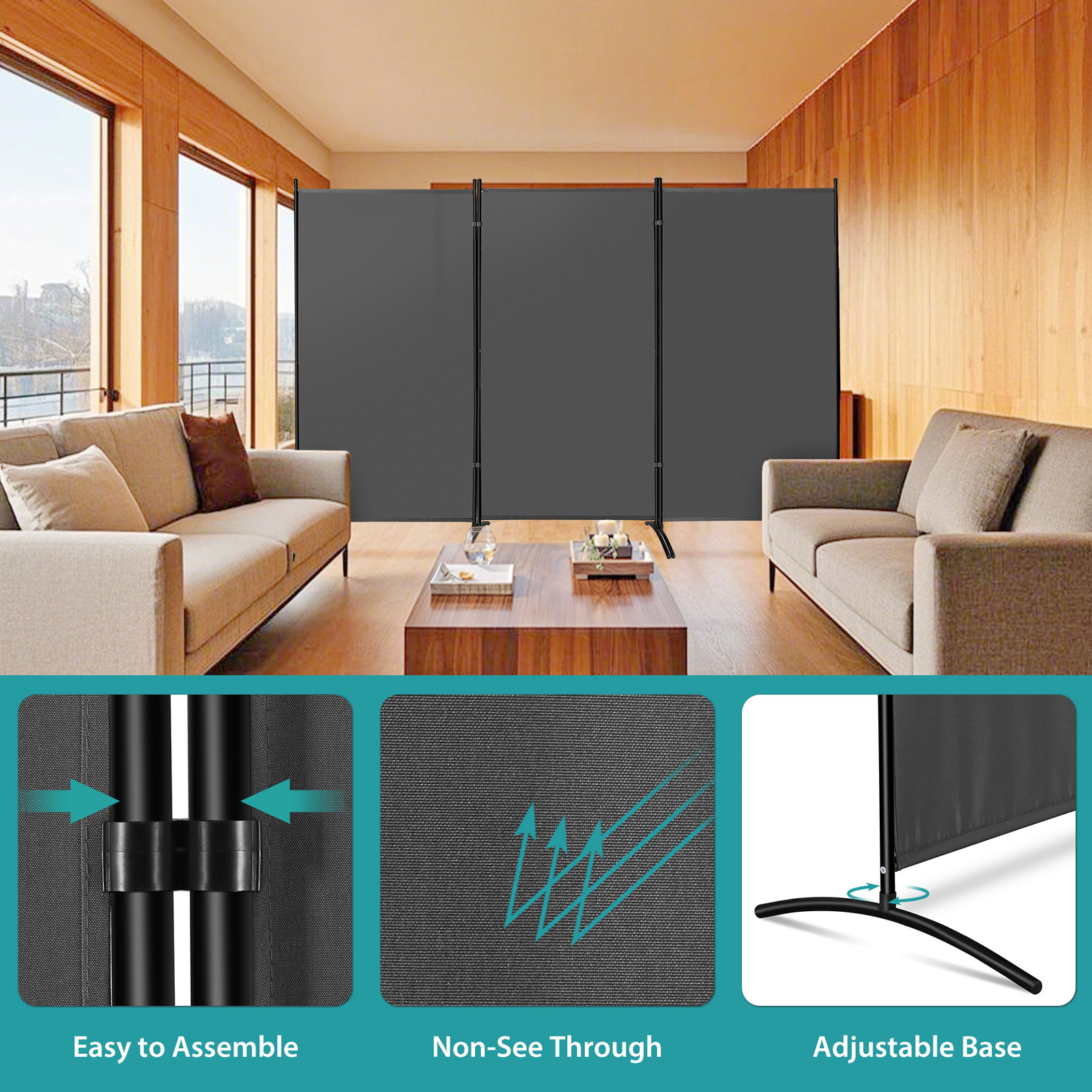 3 Panel Partition Room Divider Screen Portable Fabric Panel Indoor Folding Room
