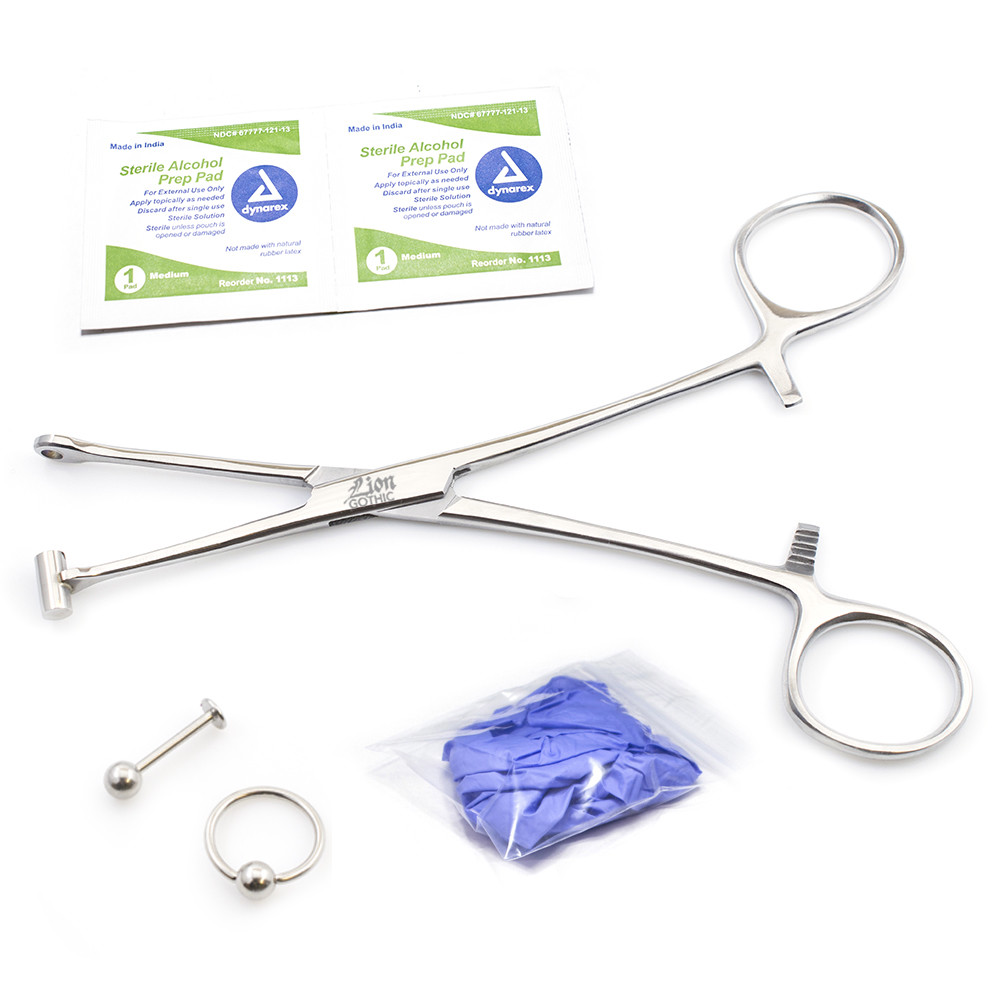 Piercing Kit 5 Pcs Bucket End Tragus Forceps, jewelry , Alcohol Pads and Gloves