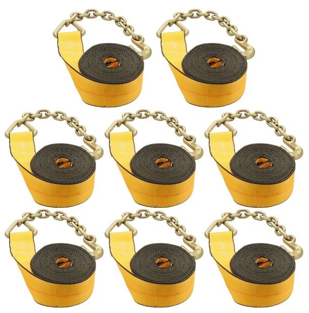 8 Pack 4"x30' Kinedyne Winch Strap w Chain Anchor, WLL 5400 lbs Trailer Tie Down
