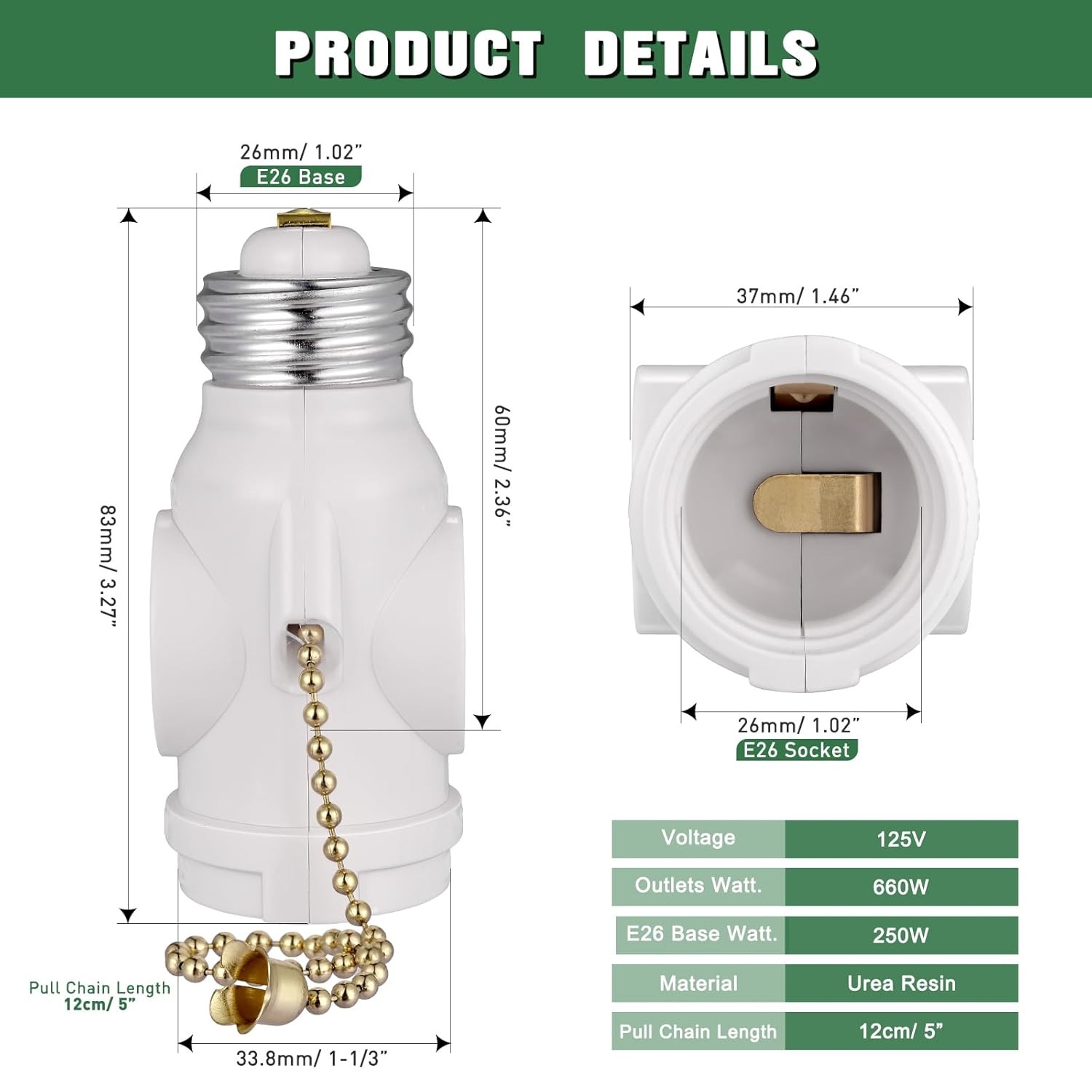 2-Pack E26 Light Socket Adapter - Converts Medium Screw Socket to Two Outlets wi