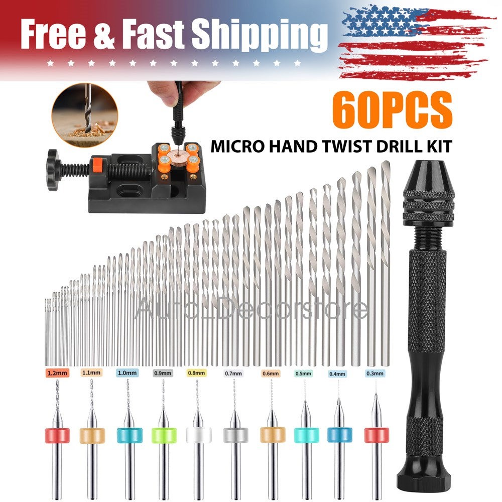 60Pcs Mini Micro Hand Drill Bits Set Small Manual Keyless Chuck Pin Vise Rotary