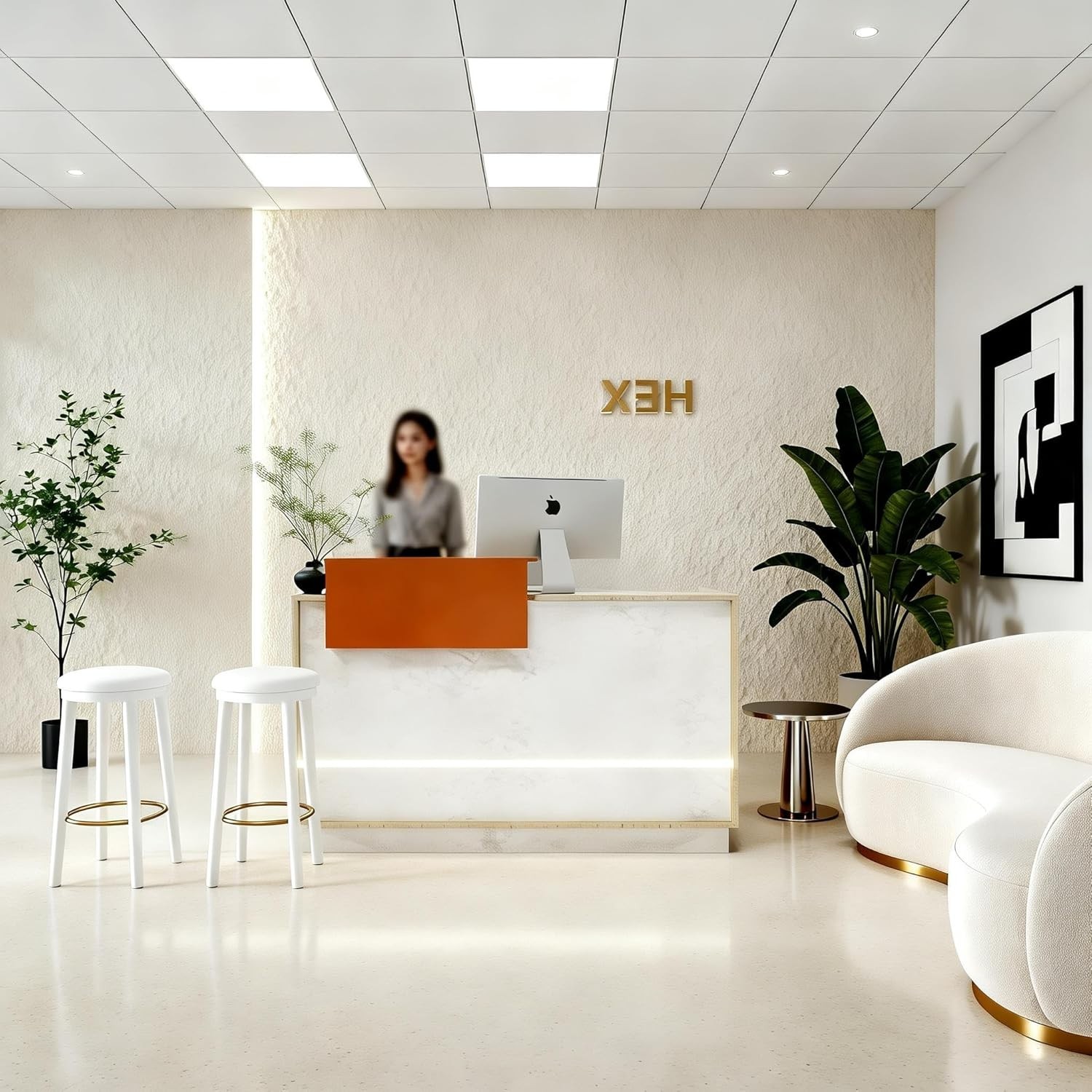 55-71" LED Reception Desk White Stone Modern Front Counter Drawer Cabinet