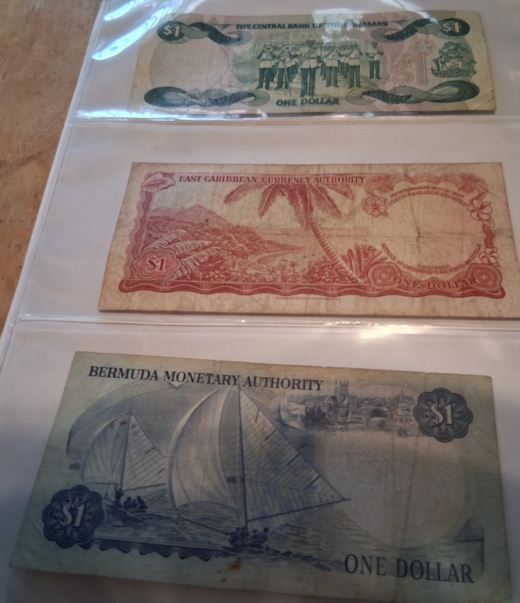 Queen Elizabeth II Banknote Lot – Bahamas $1 Bermuda $1 East Caribbean $1