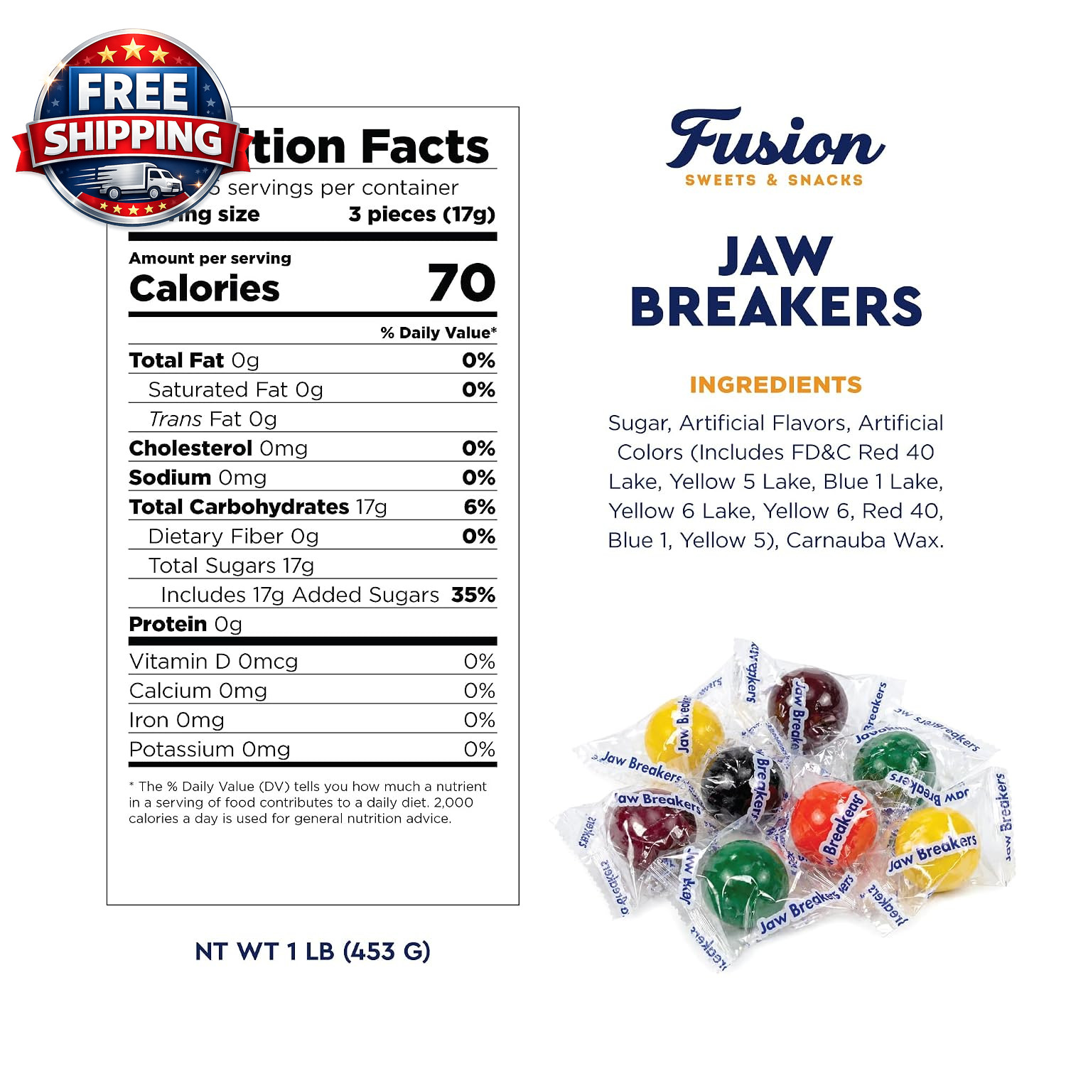 Jawbreakers 1 Pound Bag Individually Wrapped - Large Jaw Breakers Hard Candy Bal