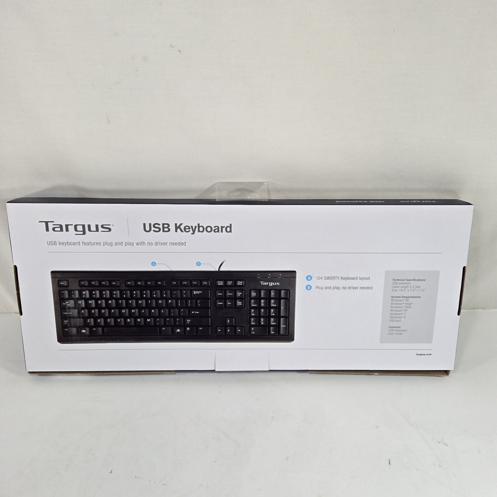 Targus USB Corded Keyboard New in Open Box Black Never Used Plug & Play Windows