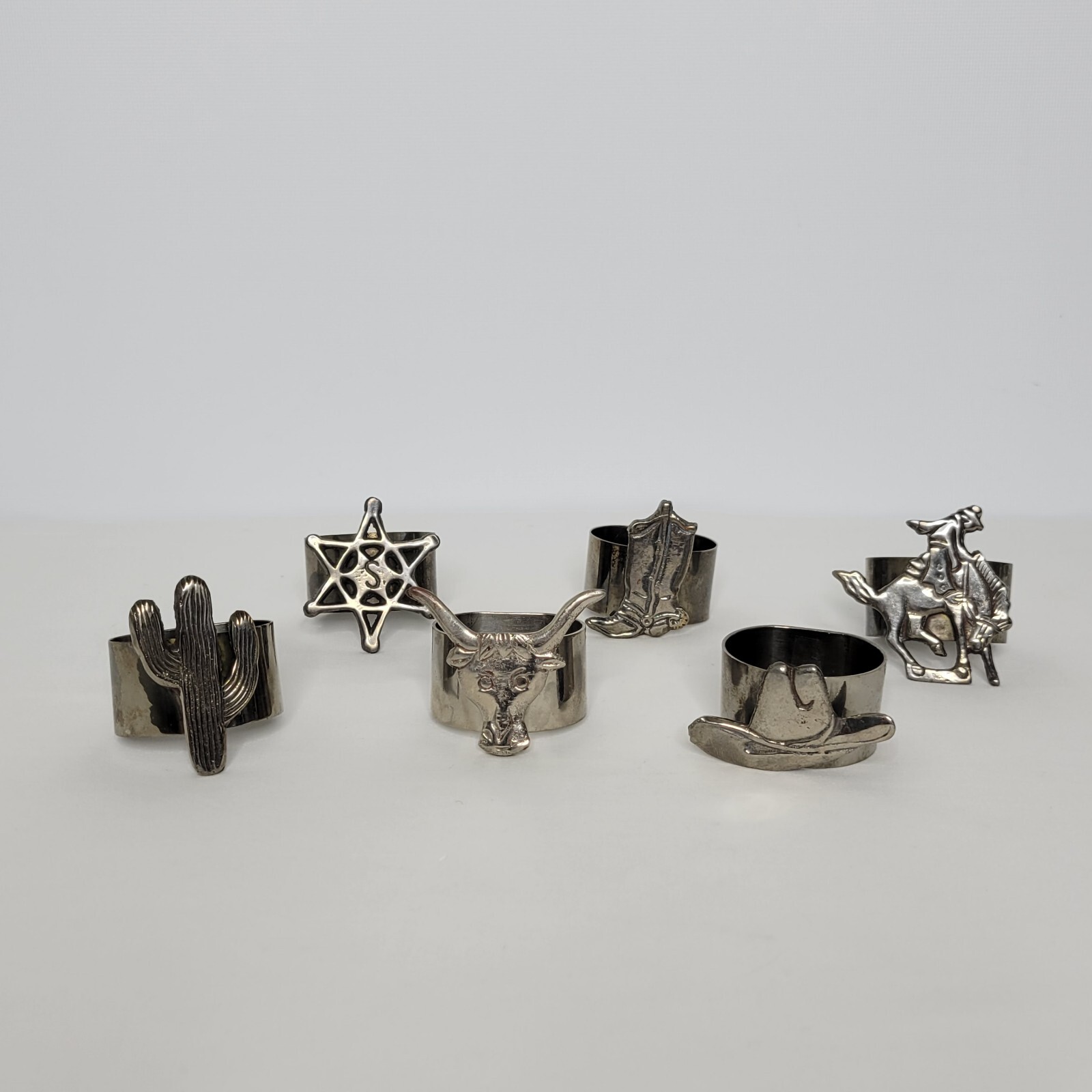 Set Of 6 Stainless Steel Western Themed Napkin Rings Cowboy Cactus Boots Hat